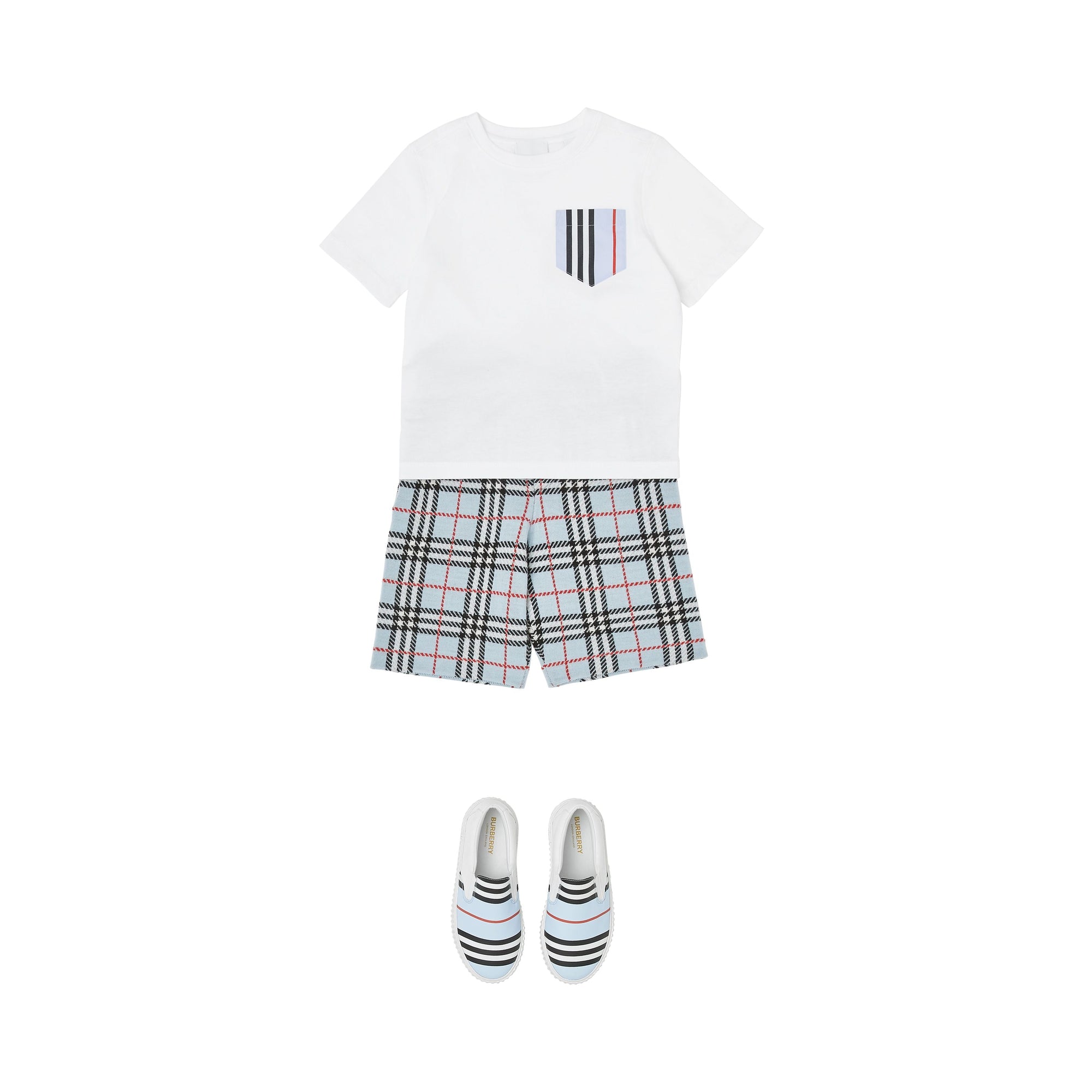 T-shirt en coton avec poche à rayures iconiques - Blanc & Bleu Pâle