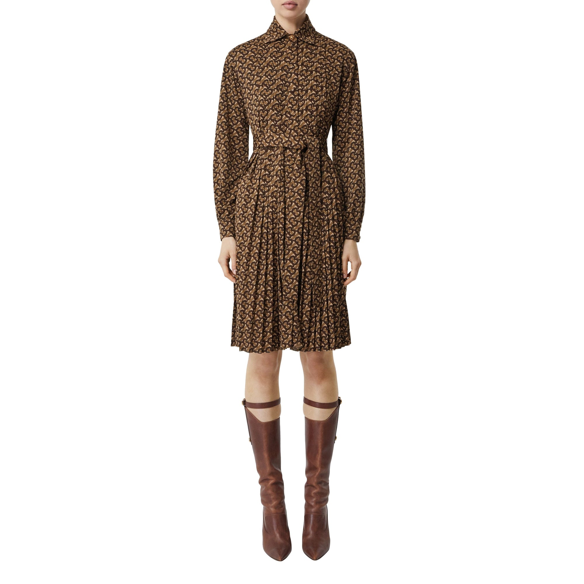 BRIDLE BROWN IP PTTN Robe chemise en jersey plissée ceinturée Monogram