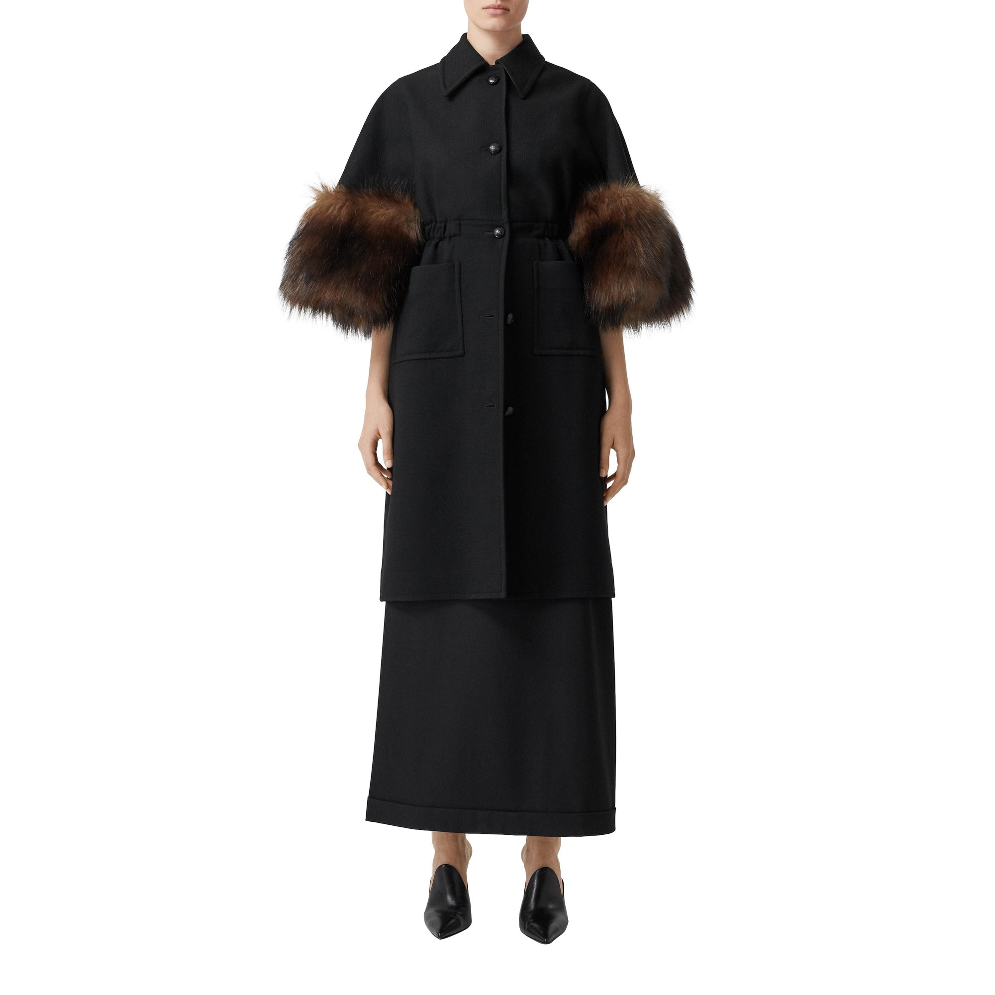 BLACK Manteau en laine mélangée façon cape avec fourrure amovible