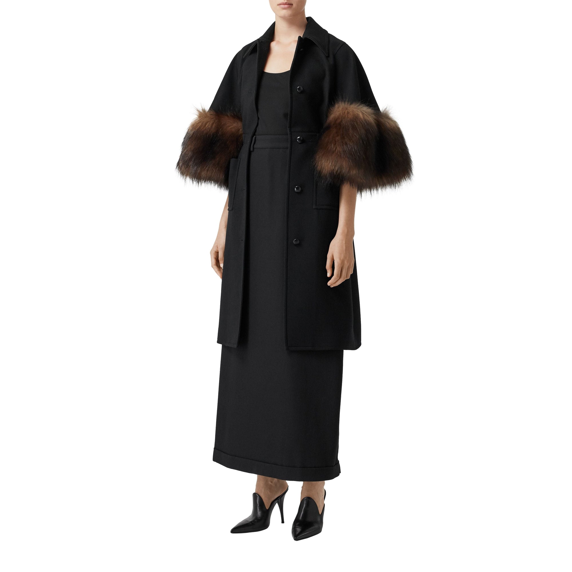 BLACK Manteau en laine mélangée façon cape avec fourrure amovible