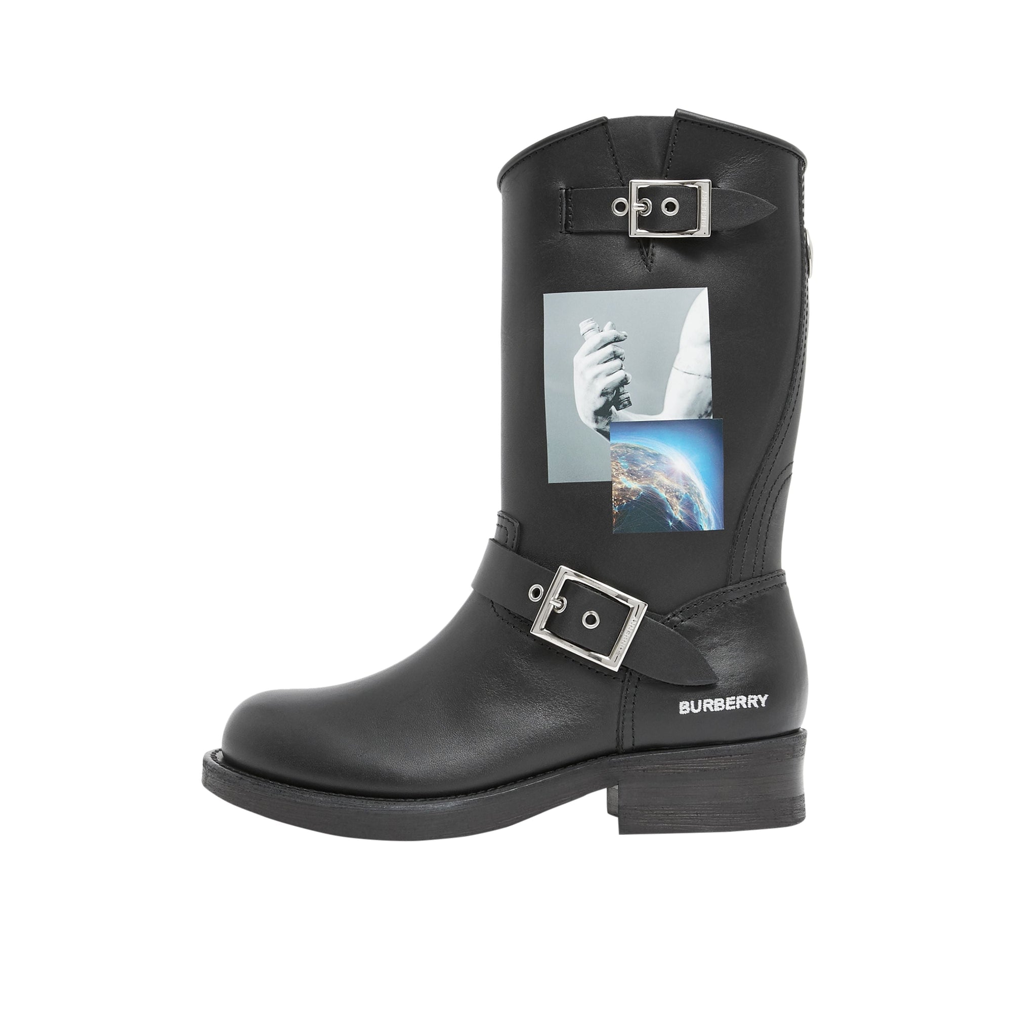 Bottes de motard en cuir à imprimé montage - Noir