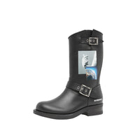 Bottes de motard en cuir à imprimé montage - Noir