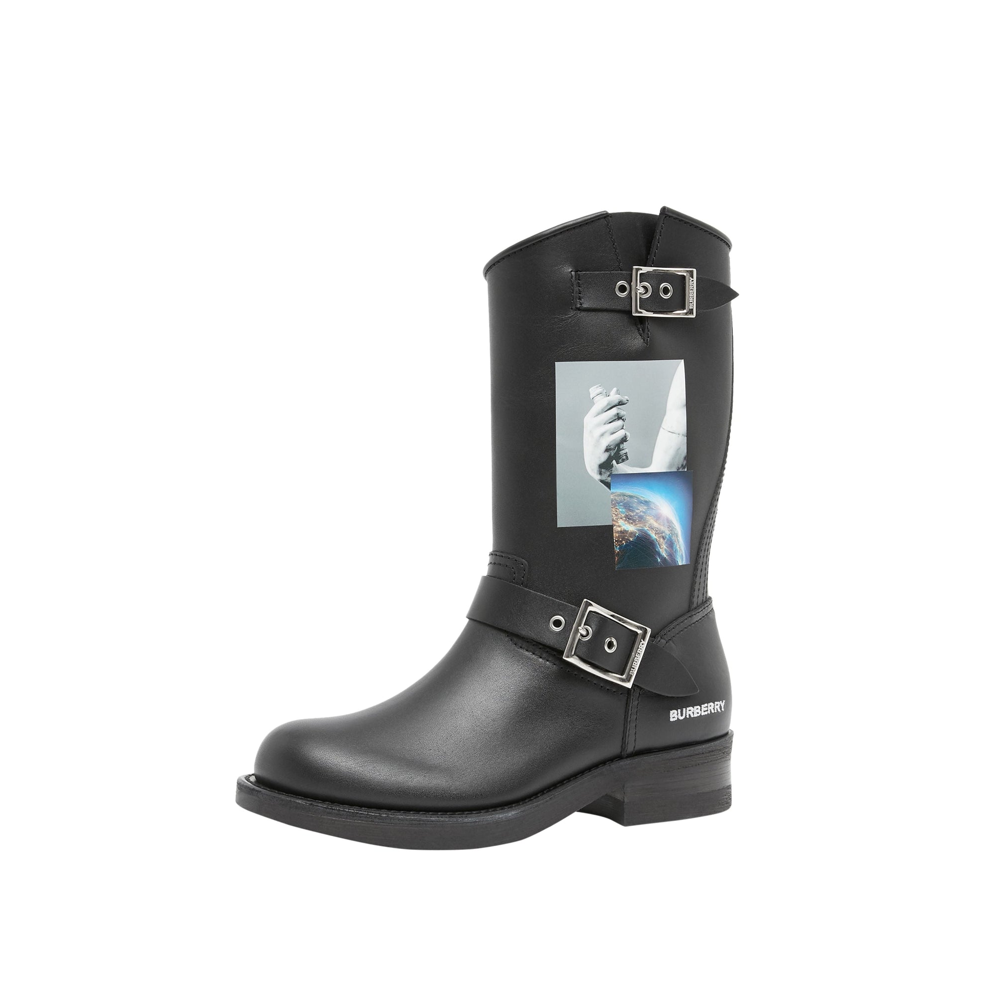 Bottes de motard en cuir à imprimé montage - Noir