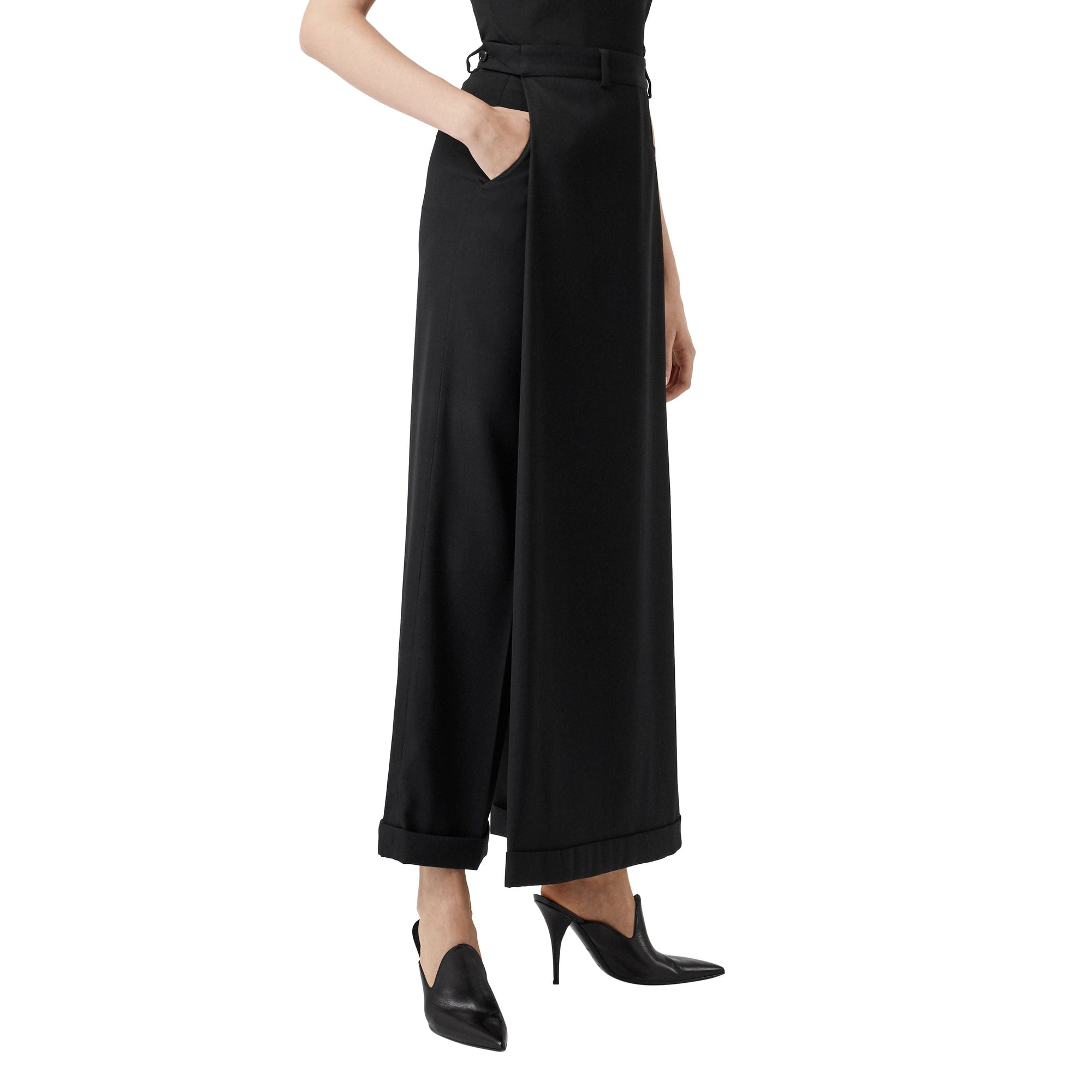 BLACK Pantalon ample en laine avec panneau façon jupe
