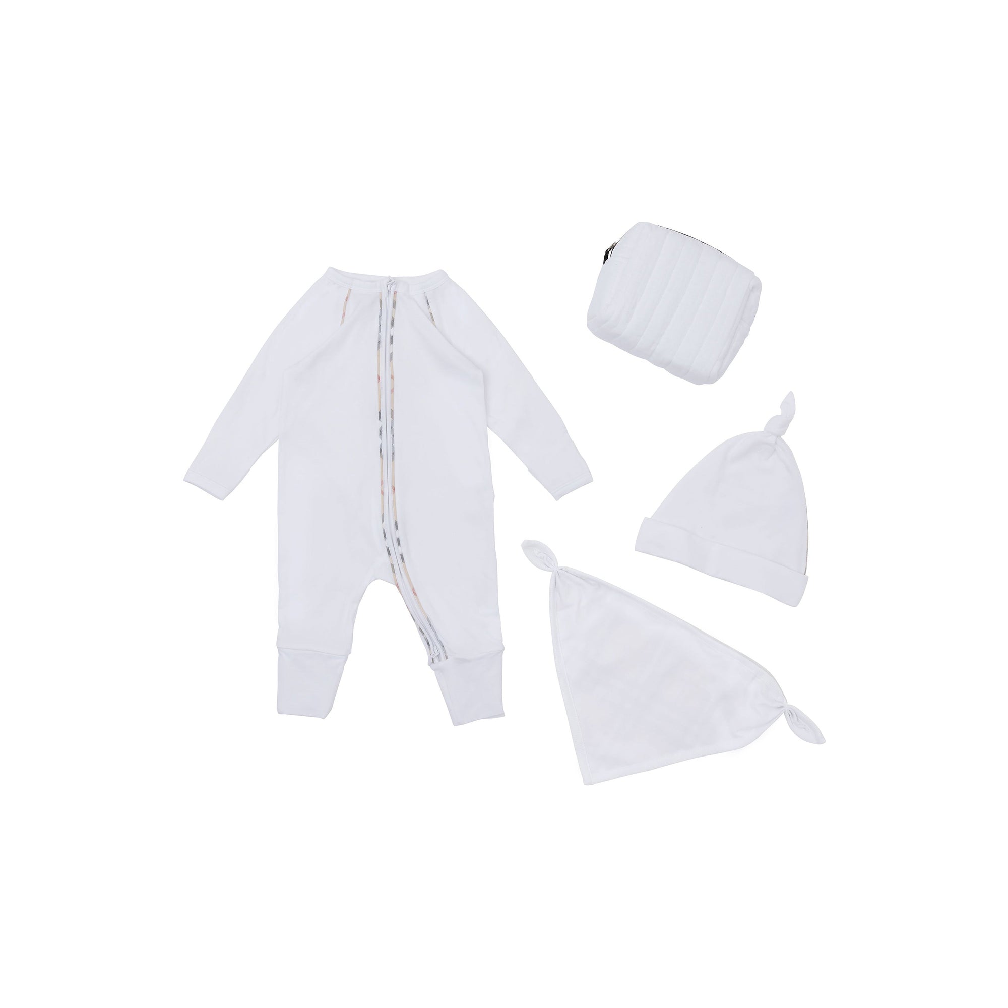 Coffret cadeau trois pièces pour bébé en coton stretch avec check - Blanc