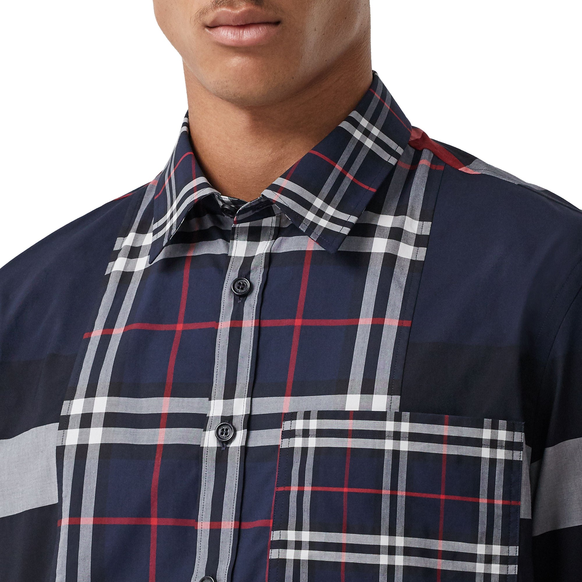 NAVY IP CHECK Chemise en popeline de coton stretch check façon patchwork