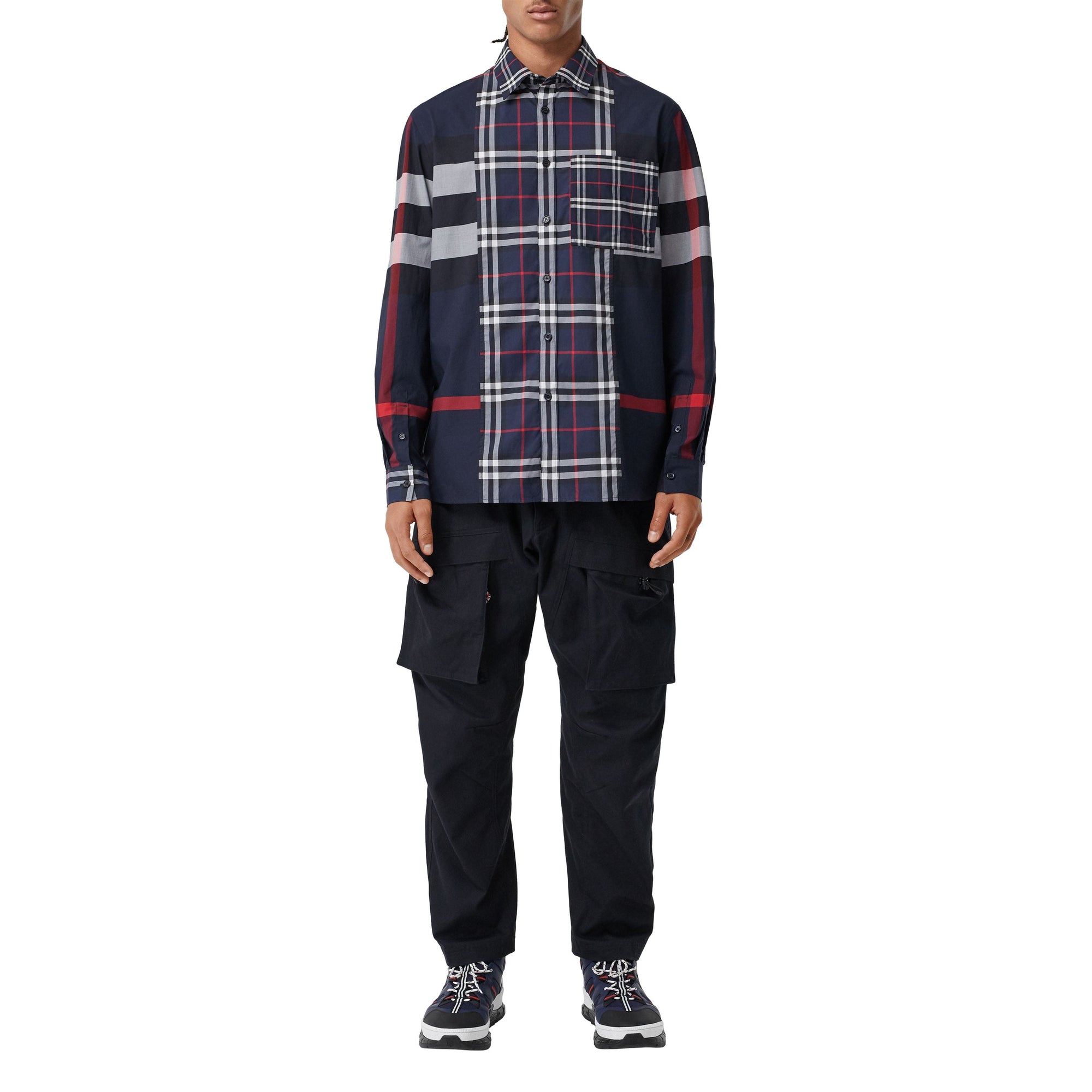 NAVY IP CHECK Chemise en popeline de coton stretch check façon patchwork
