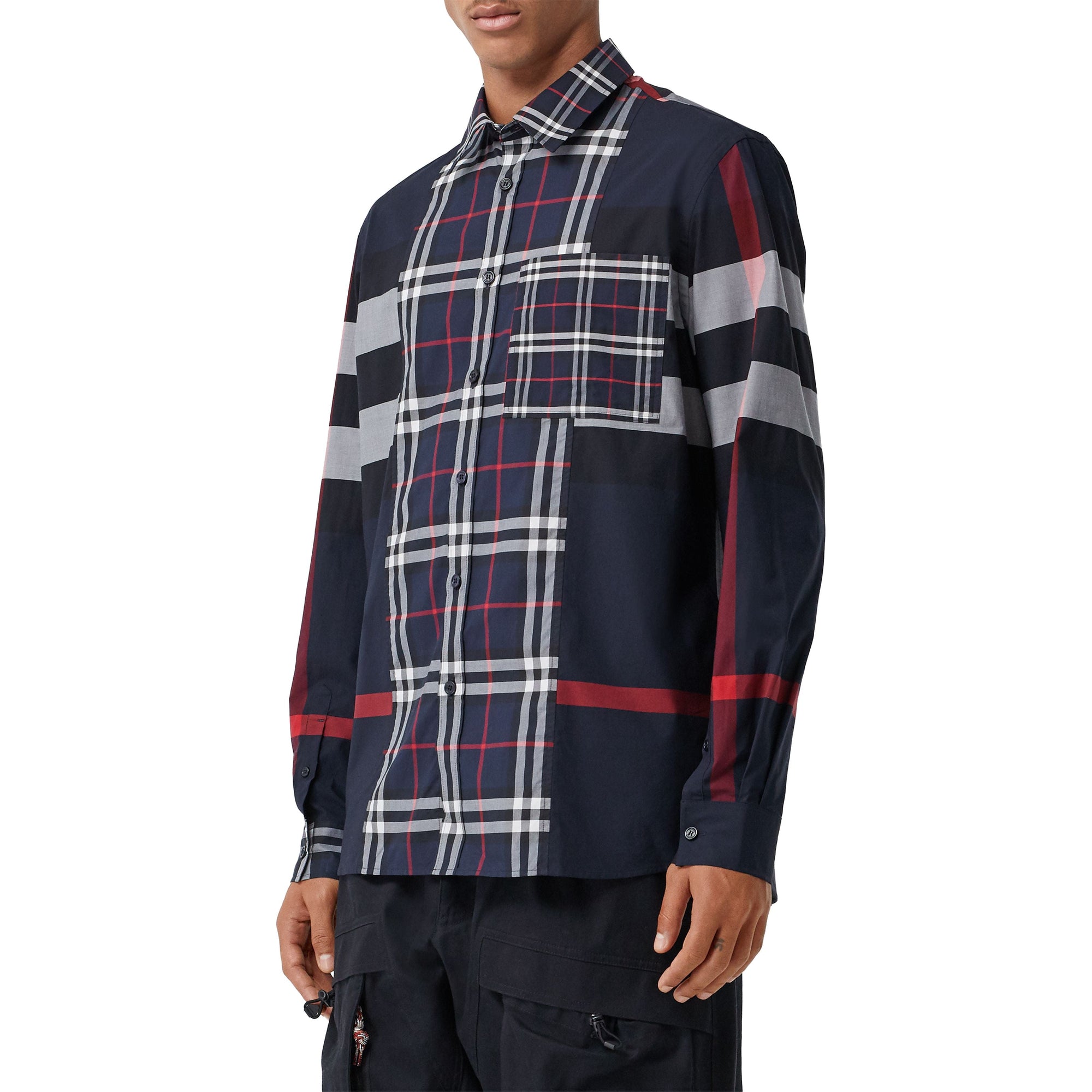 NAVY IP CHECK Chemise en popeline de coton stretch check façon patchwork