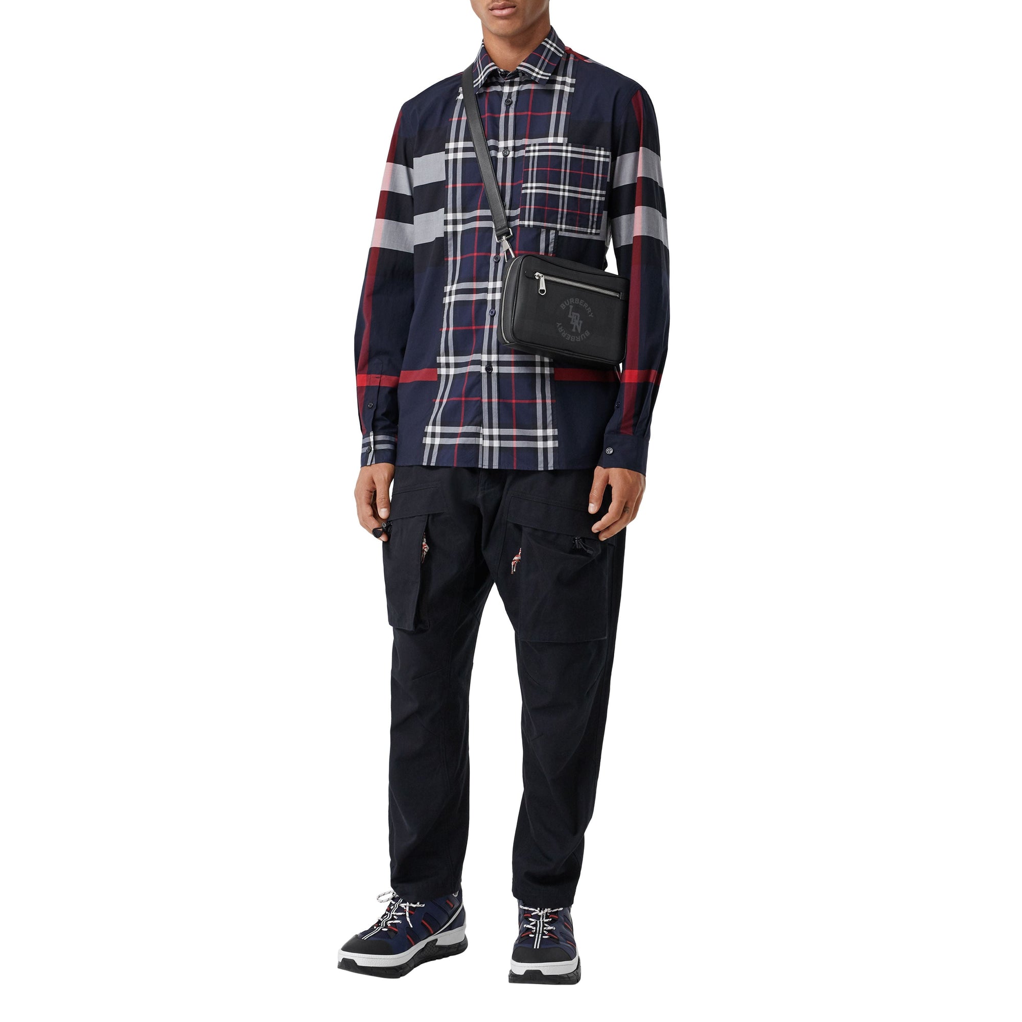 NAVY IP CHECK Chemise en popeline de coton stretch check façon patchwork