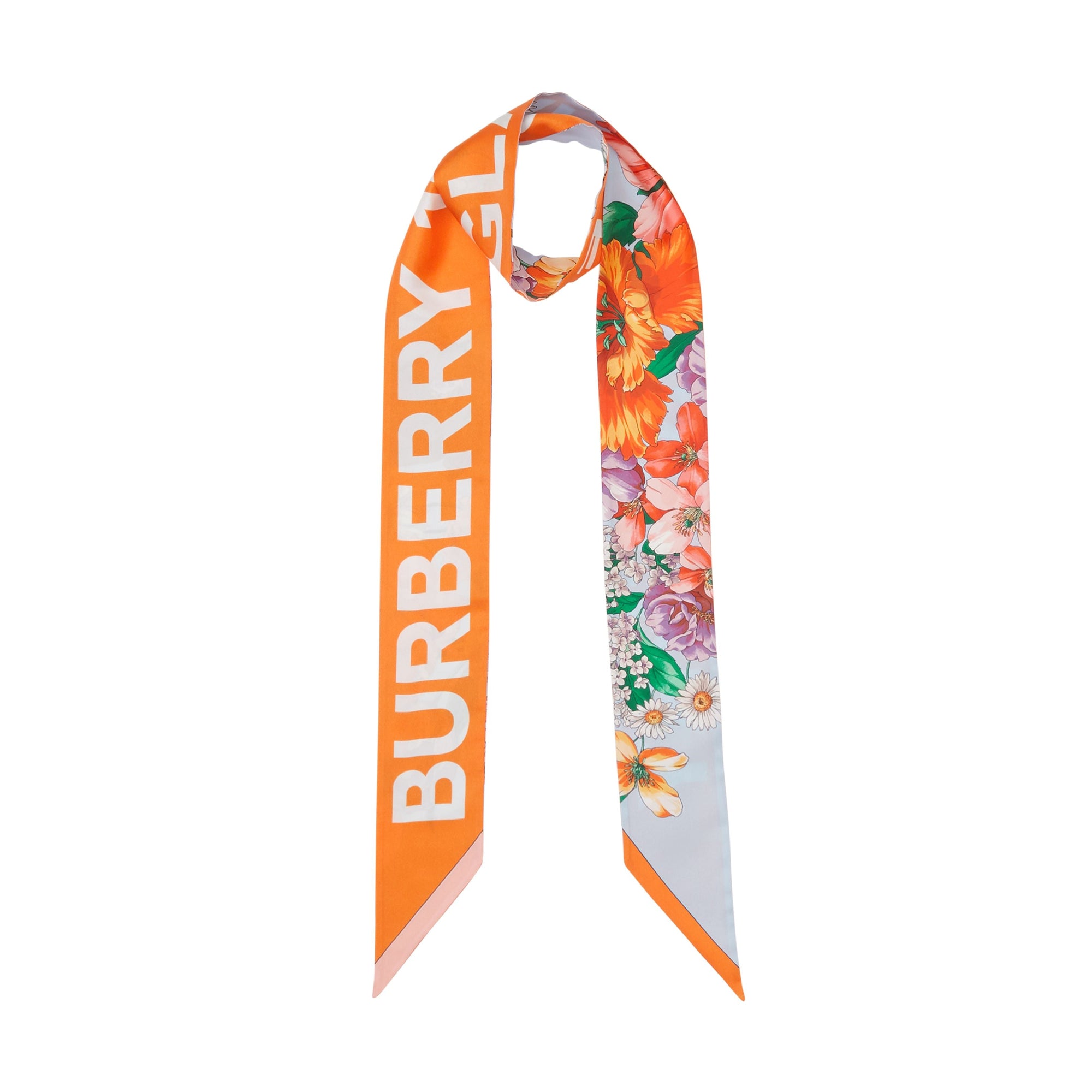 BRIGHT ORANGE Foulard ultrafin en soie avec imprimé floral et logo