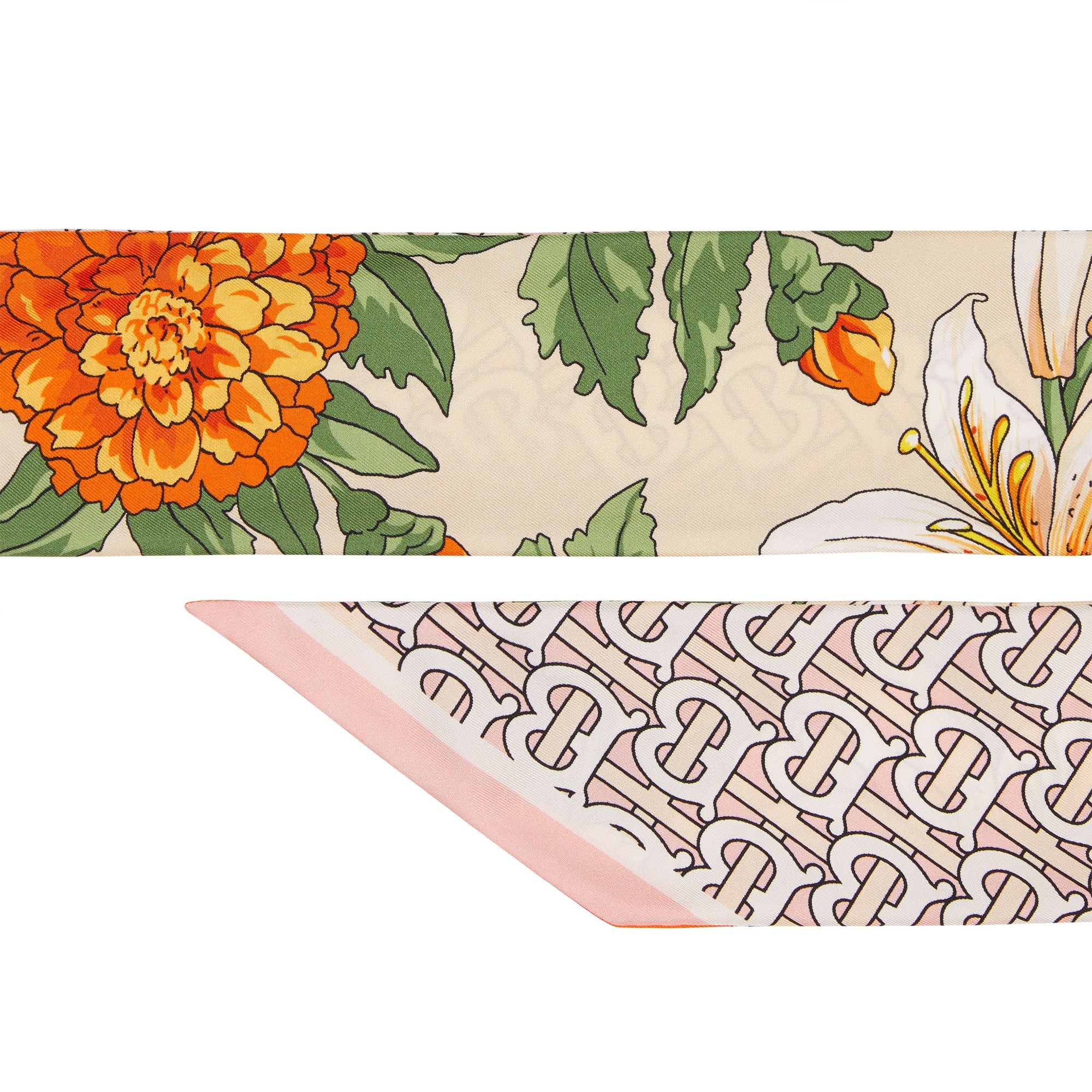 Foulard ultrafin en soie à imprimé floral et monogram - Beige