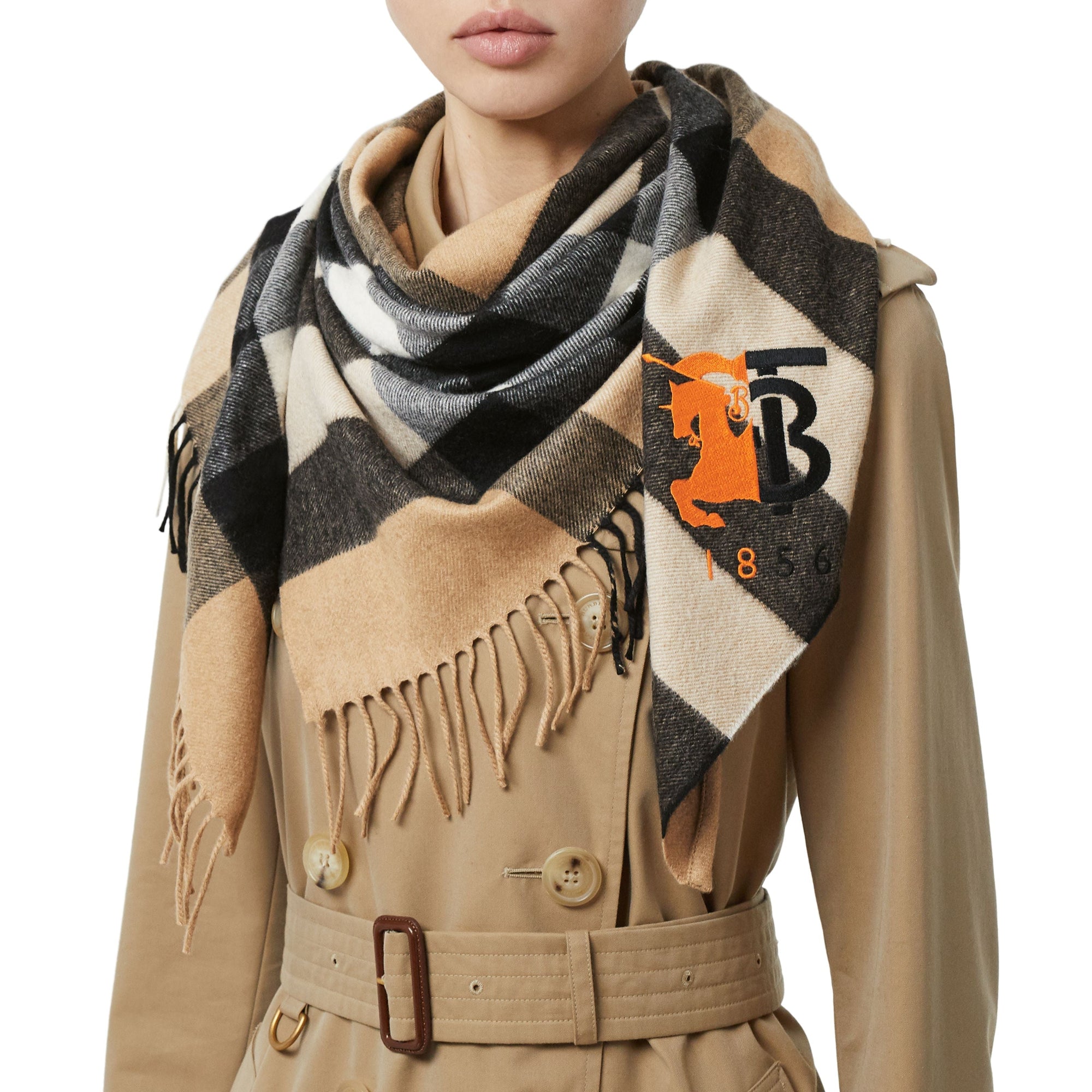 Bandana en cachemire check avec logo - Camel