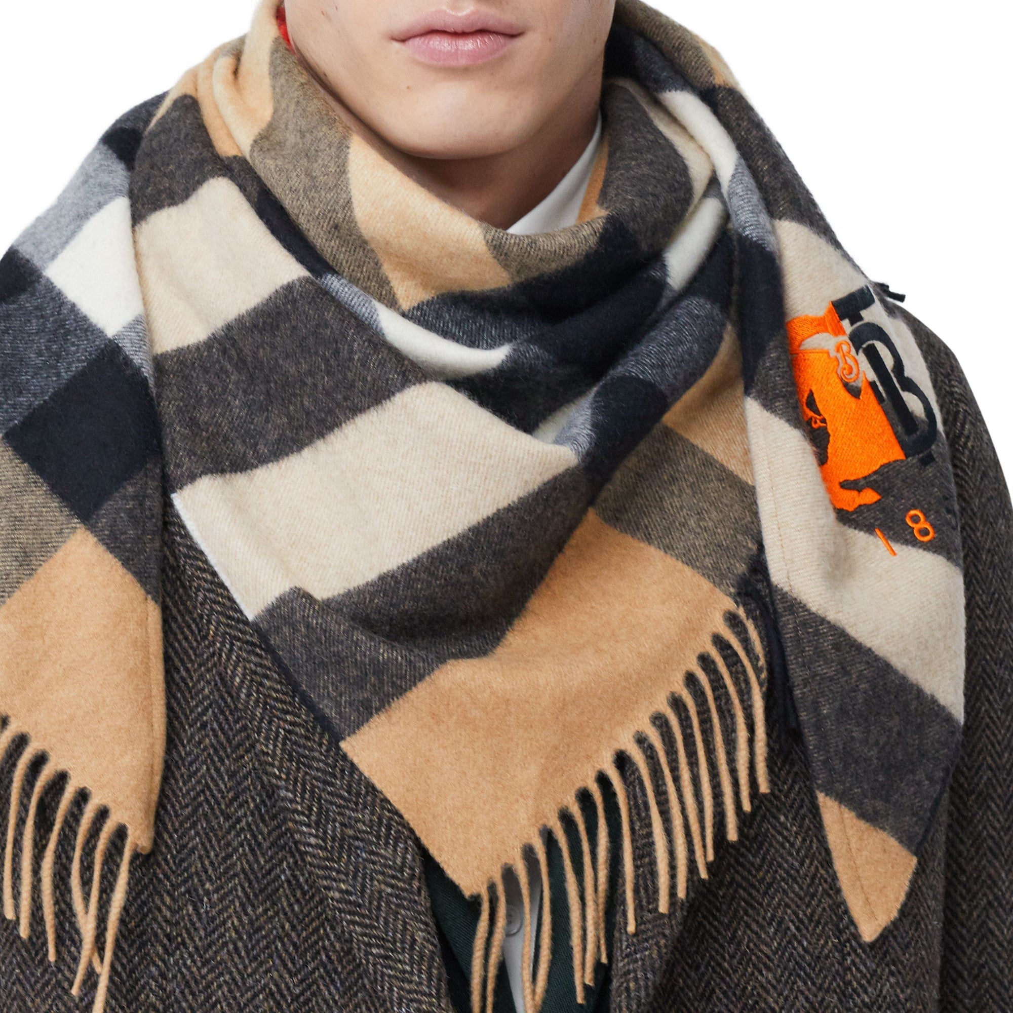 Bandana en cachemire check avec logo - Camel