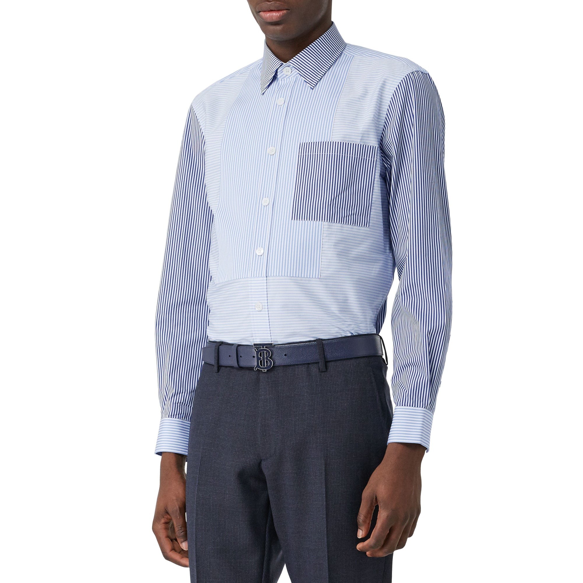 Chemise classique en coton rayée façon patchwork - Bleu clair