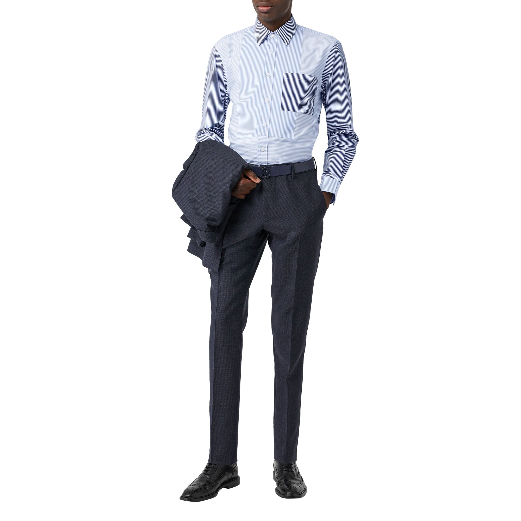 Chemise classique en coton rayée façon patchwork - Bleu clair