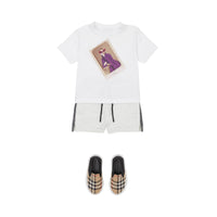 Short en coton avec cordon de serrage et bandes à logo - Camaïeu de blancs