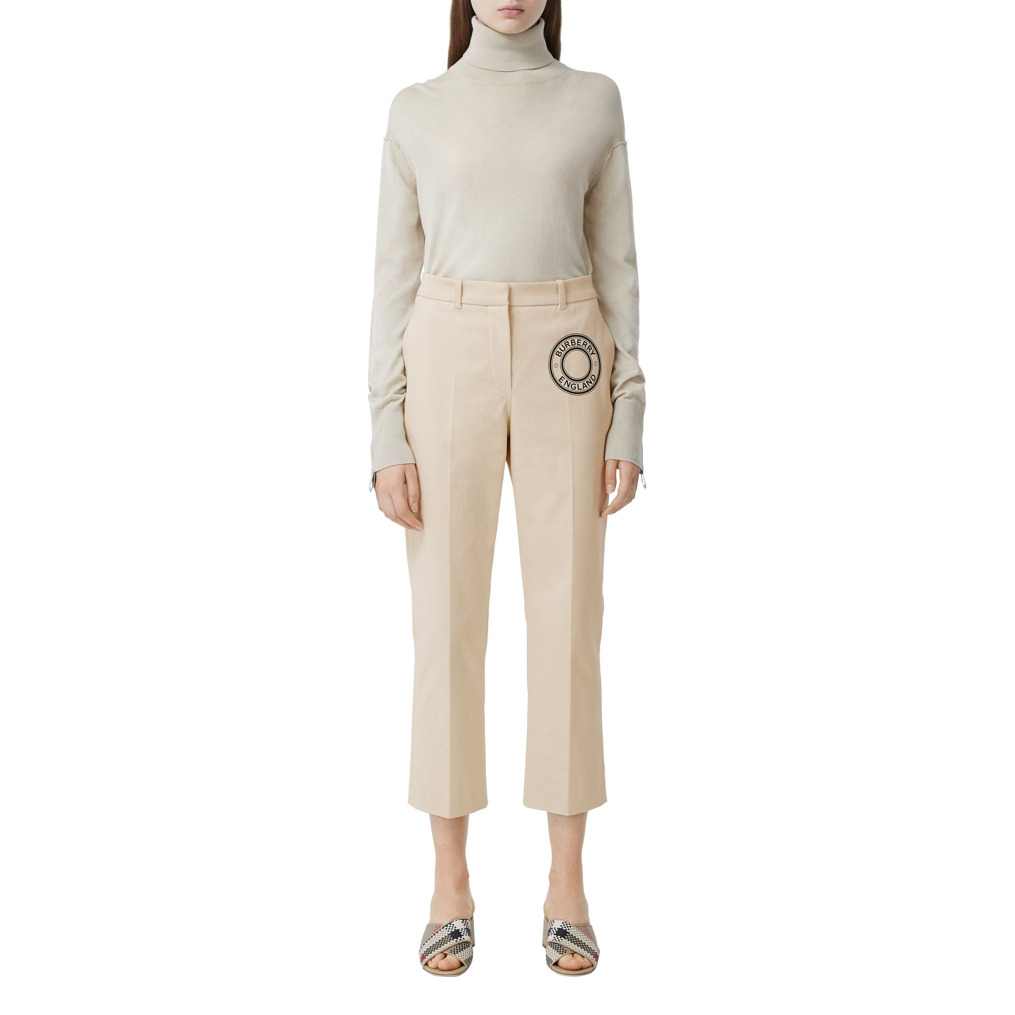 PALE CREAM Pantalon tailleur en toile de coton stretch avec logo