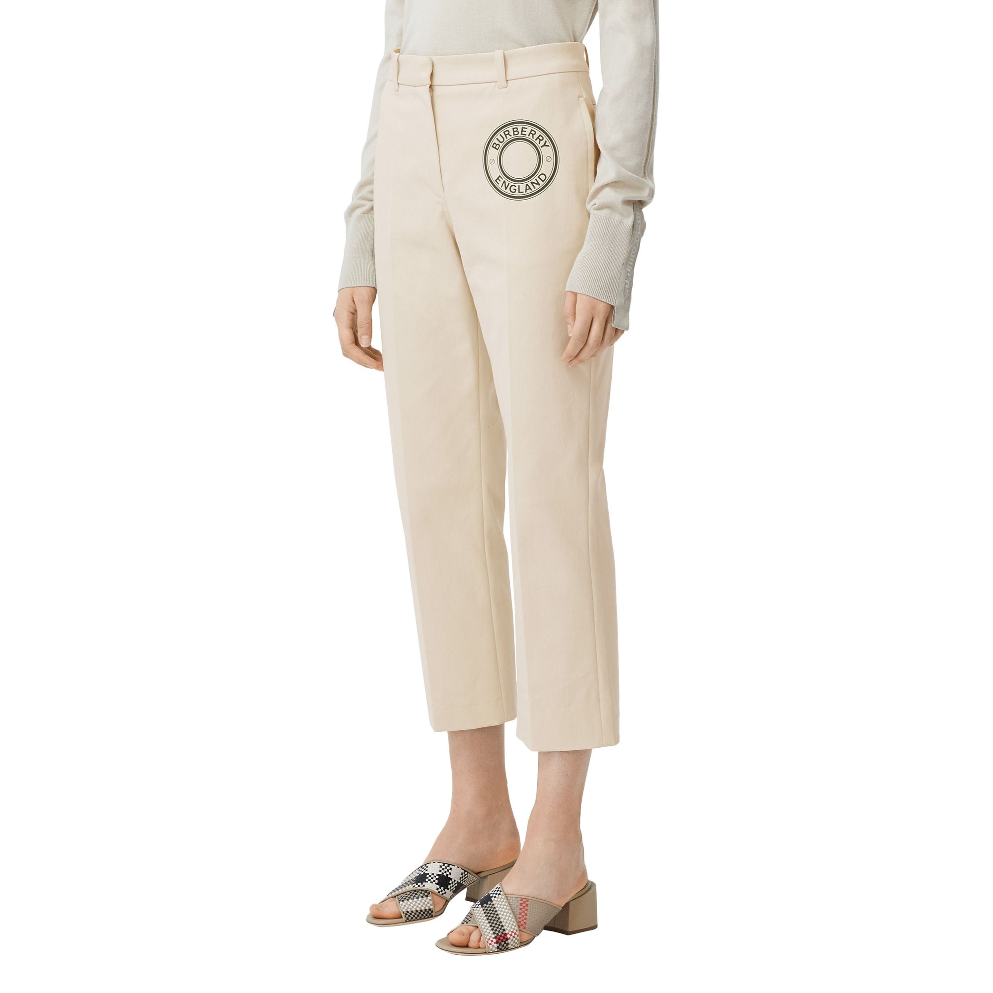 PALE CREAM Pantalon tailleur en toile de coton stretch avec logo