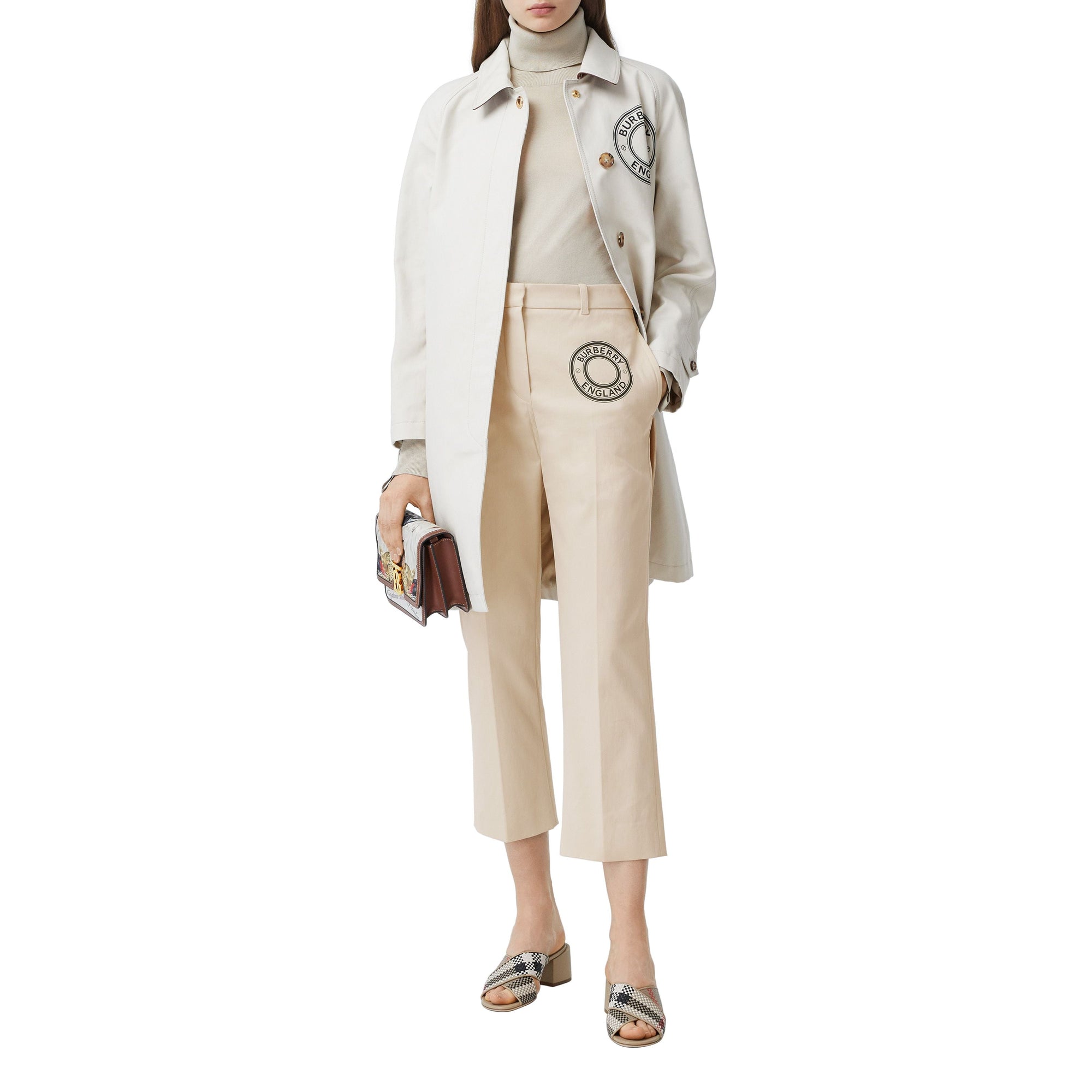 PALE CREAM Pantalon tailleur en toile de coton stretch avec logo