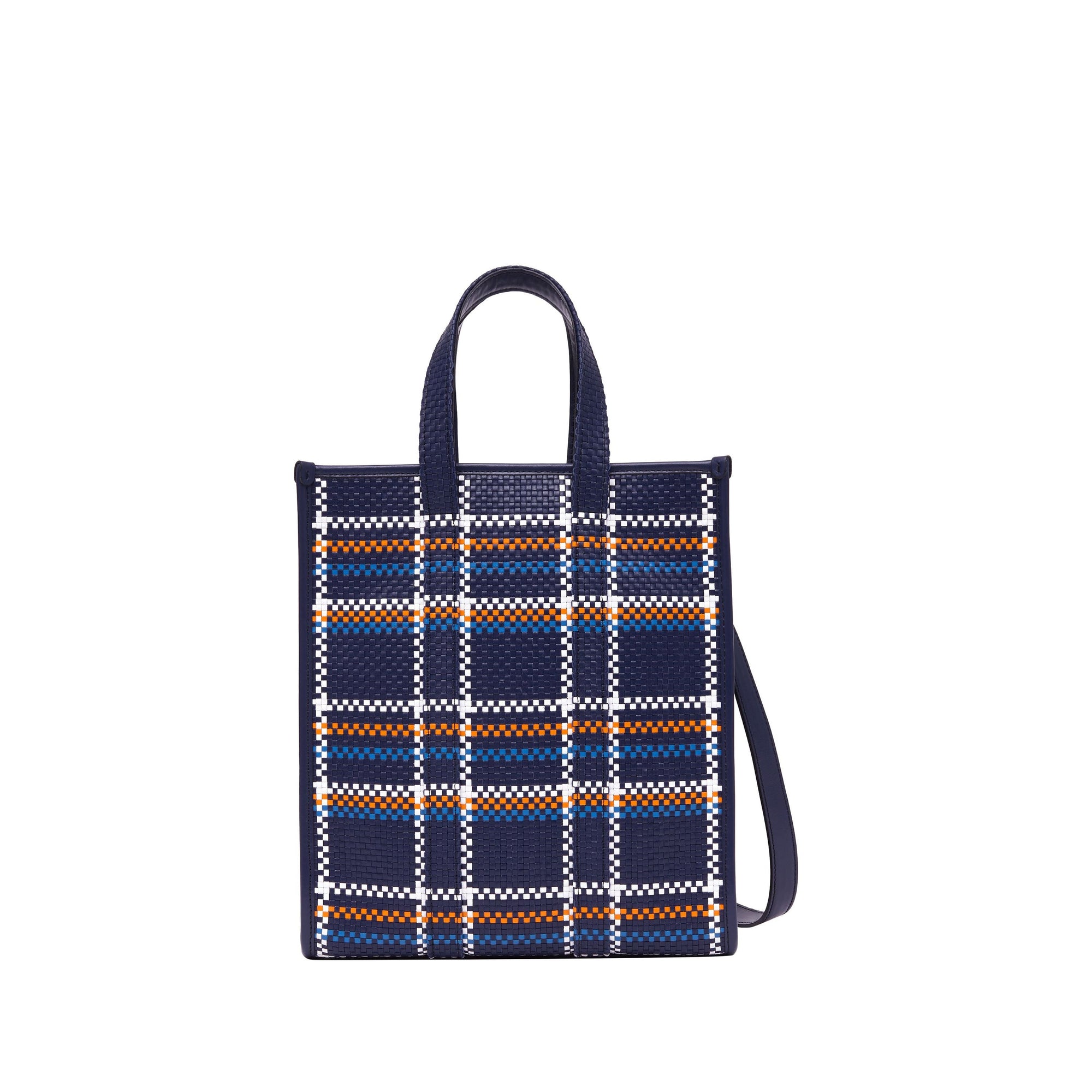 Petit cabas en cuir tressé - Bleu & blanc & orange