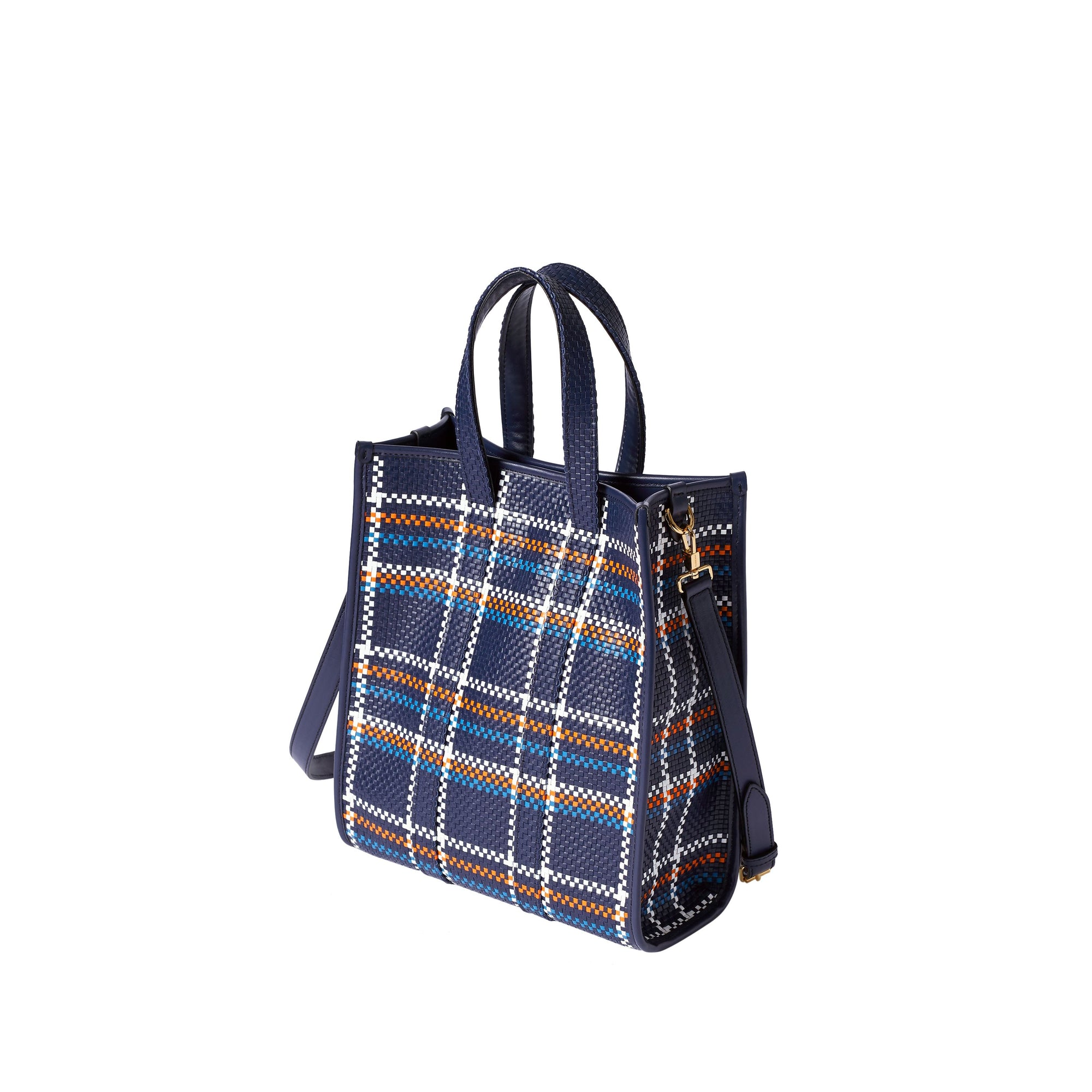 Petit cabas en cuir tressé - Bleu & blanc & orange