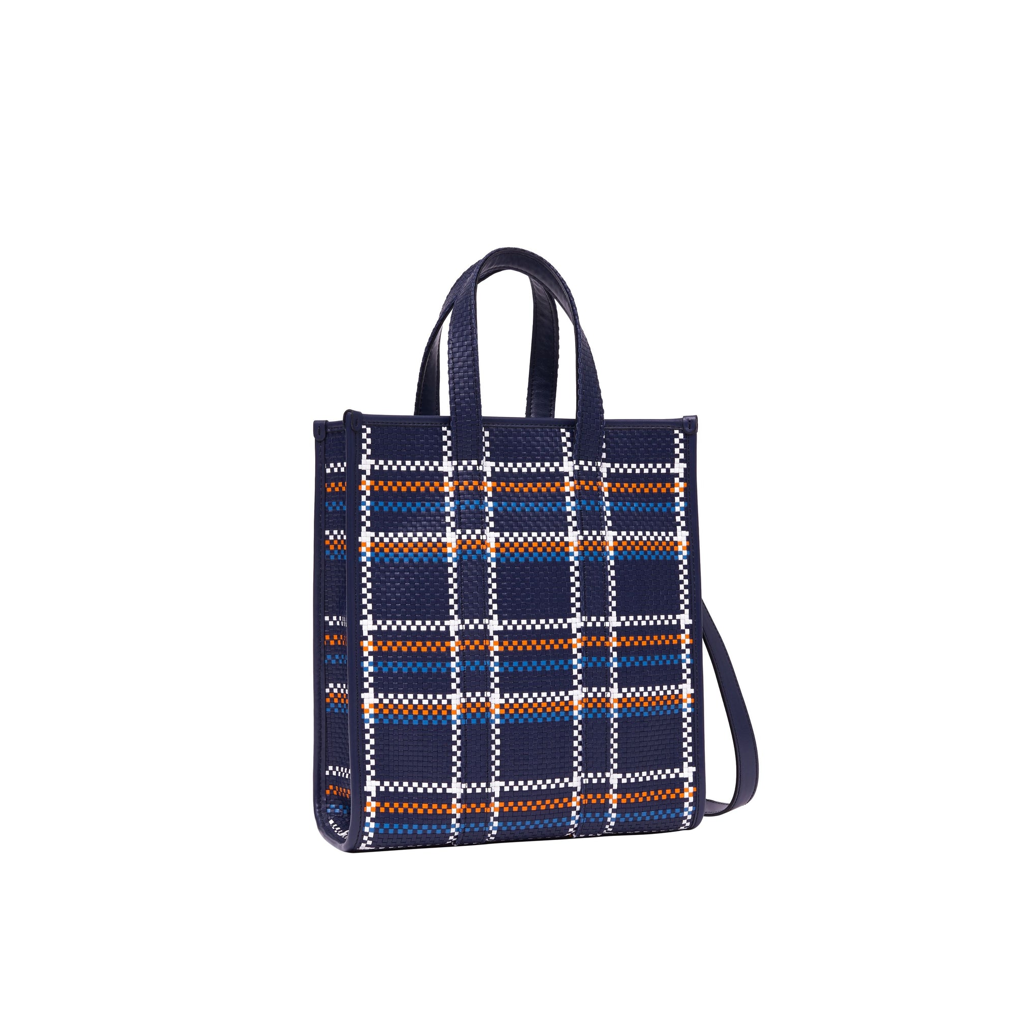 Petit cabas en cuir tressé - Bleu & blanc & orange