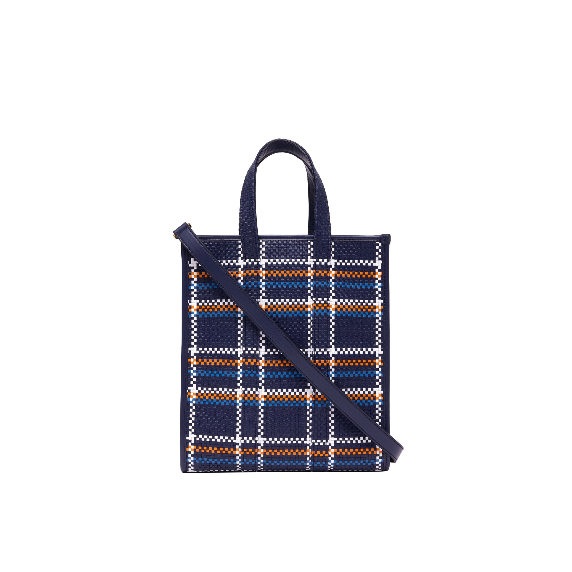 Petit cabas en cuir tressé - Bleu & blanc & orange