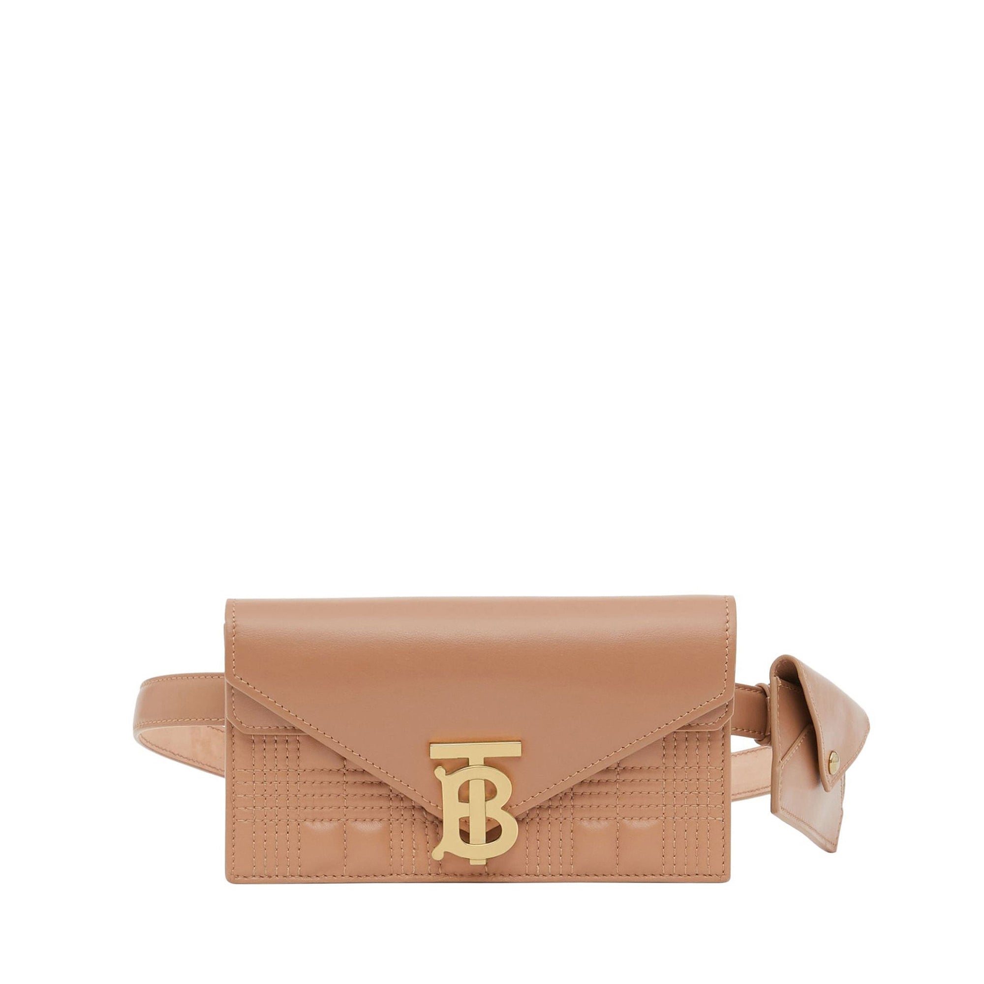Clutch enveloppe TB ceinturé en cuir d'agneau matelassé - Camel intense