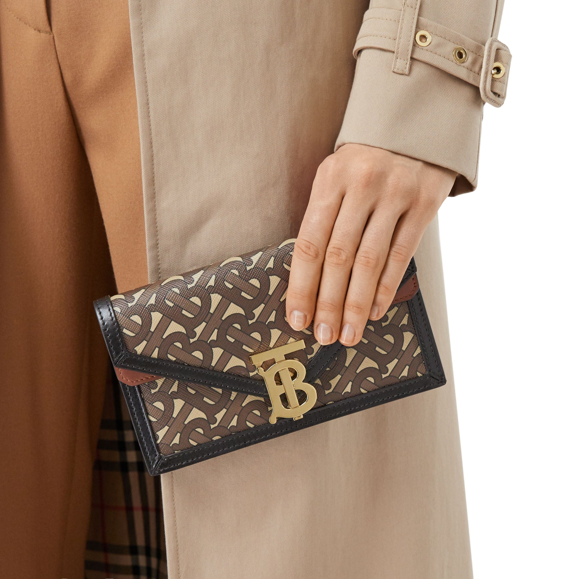 Clutch enveloppe TB ceinturé en toile écologique Monogram - Brun Bride