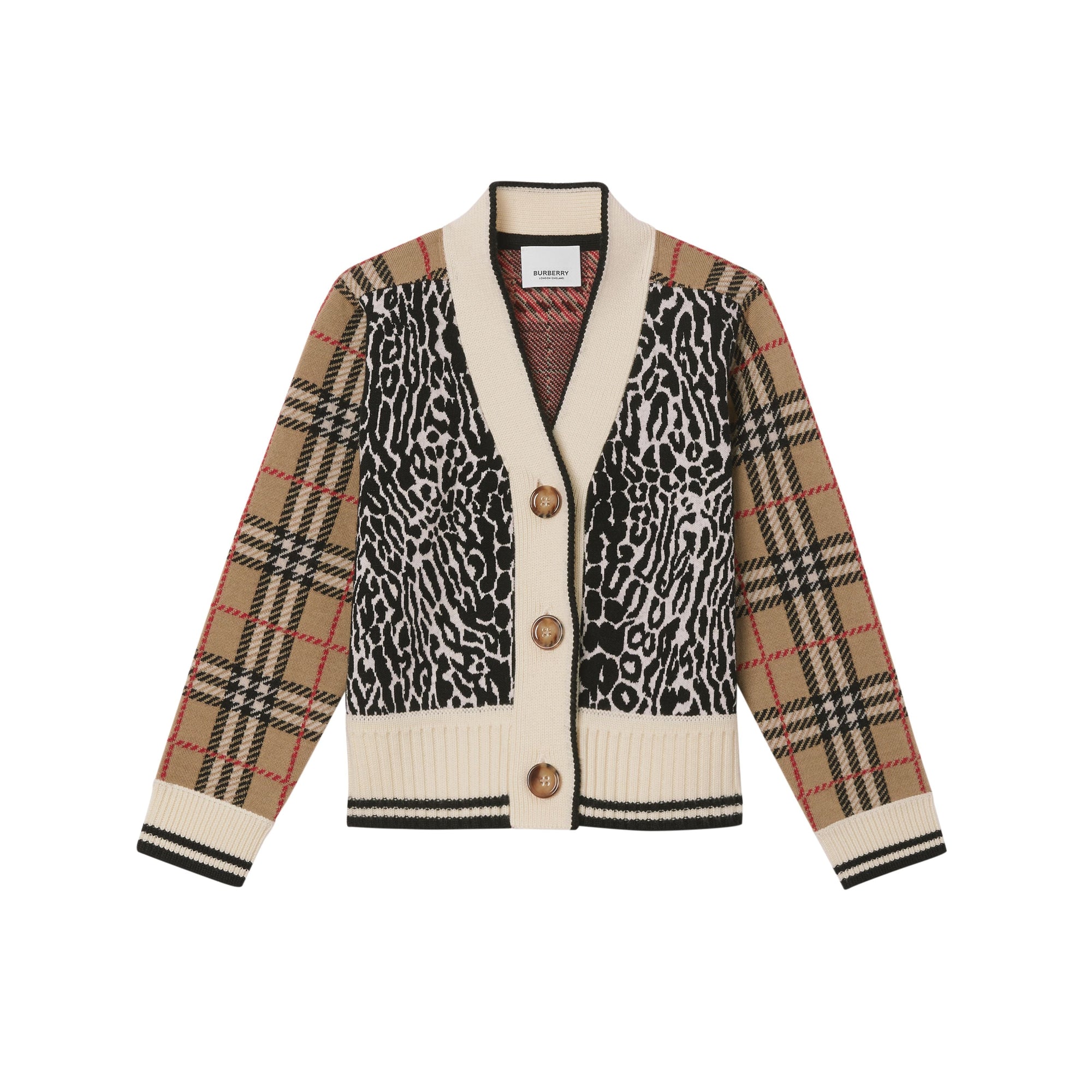 LEOPARD PRINT Cardigan en jacquard de laine mérinos à motif check et léopard