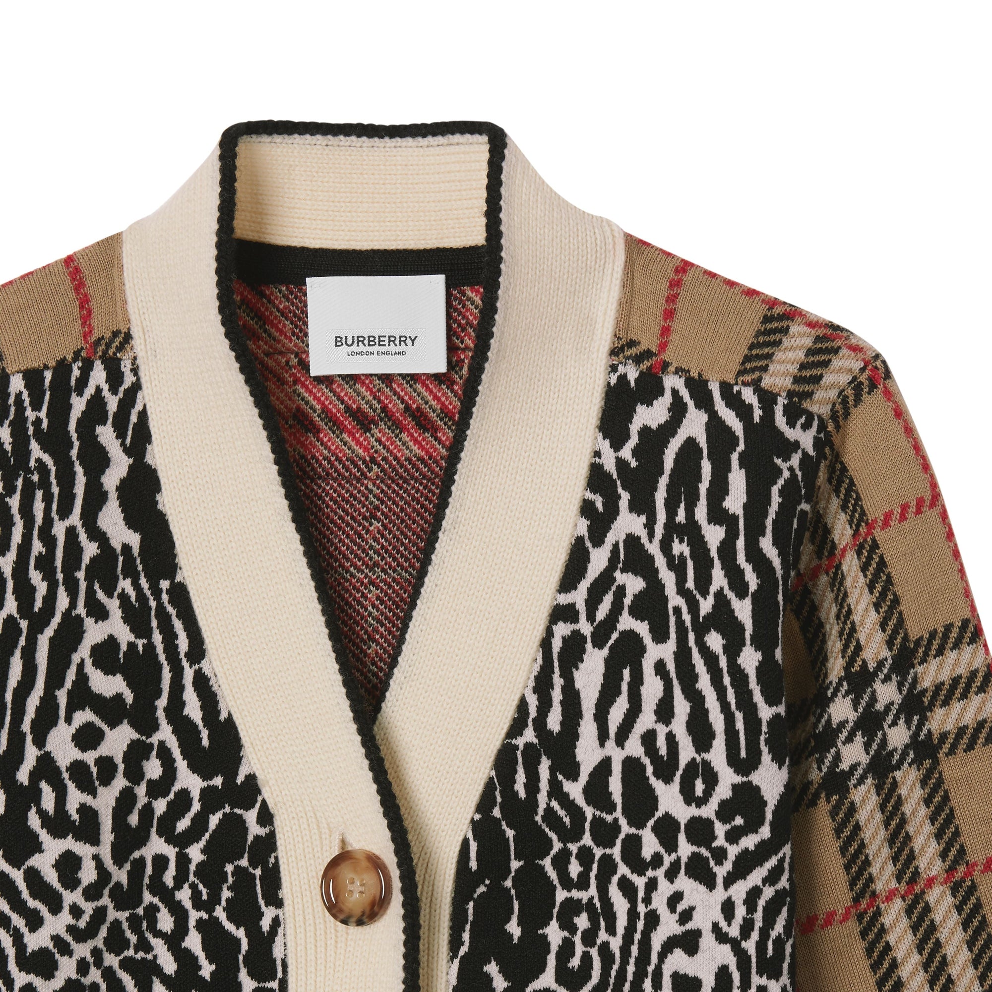 LEOPARD PRINT Cardigan en jacquard de laine mérinos à motif check et léopard