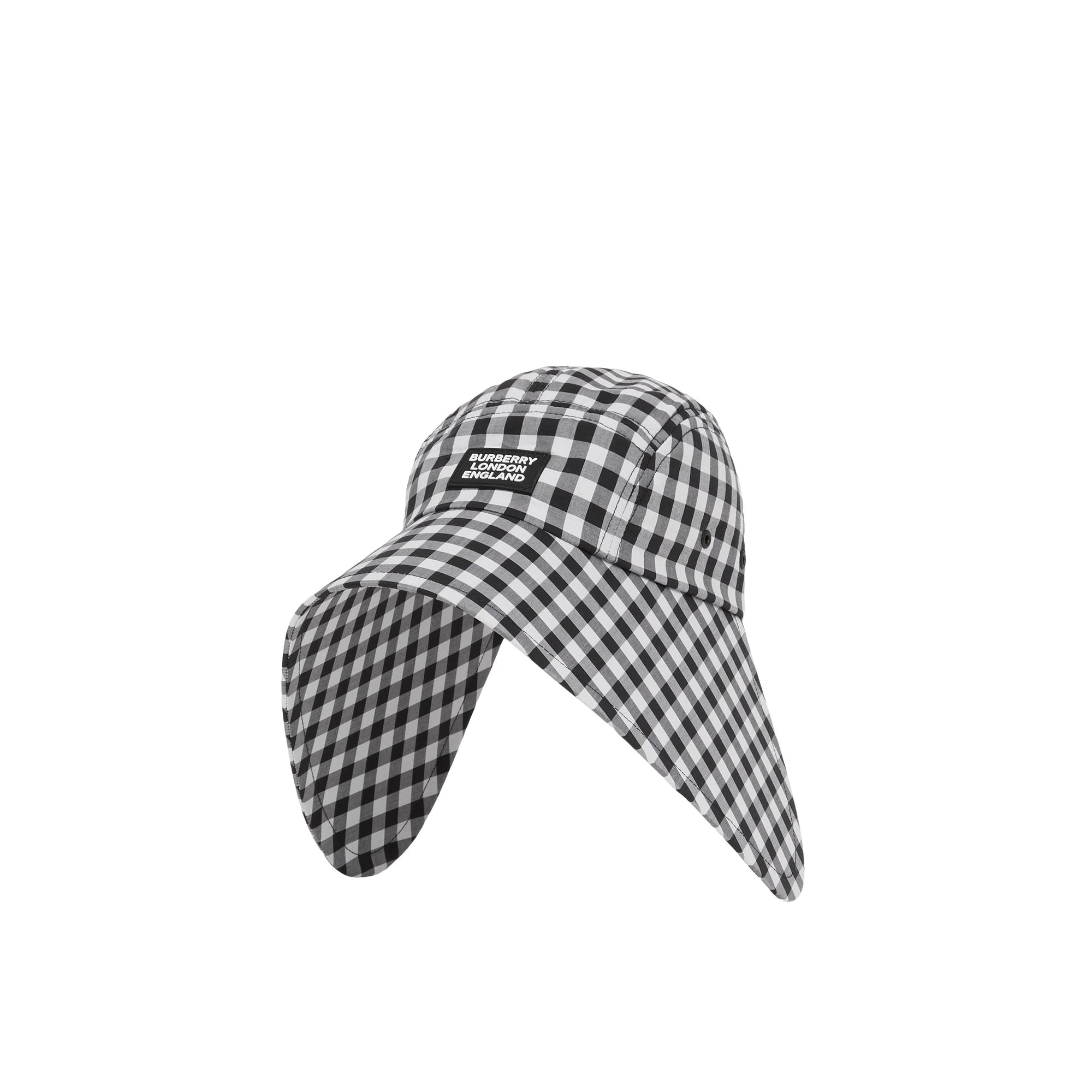 Casquette à bords larges en coton vichy avec logo appliqué - Noir & blanc