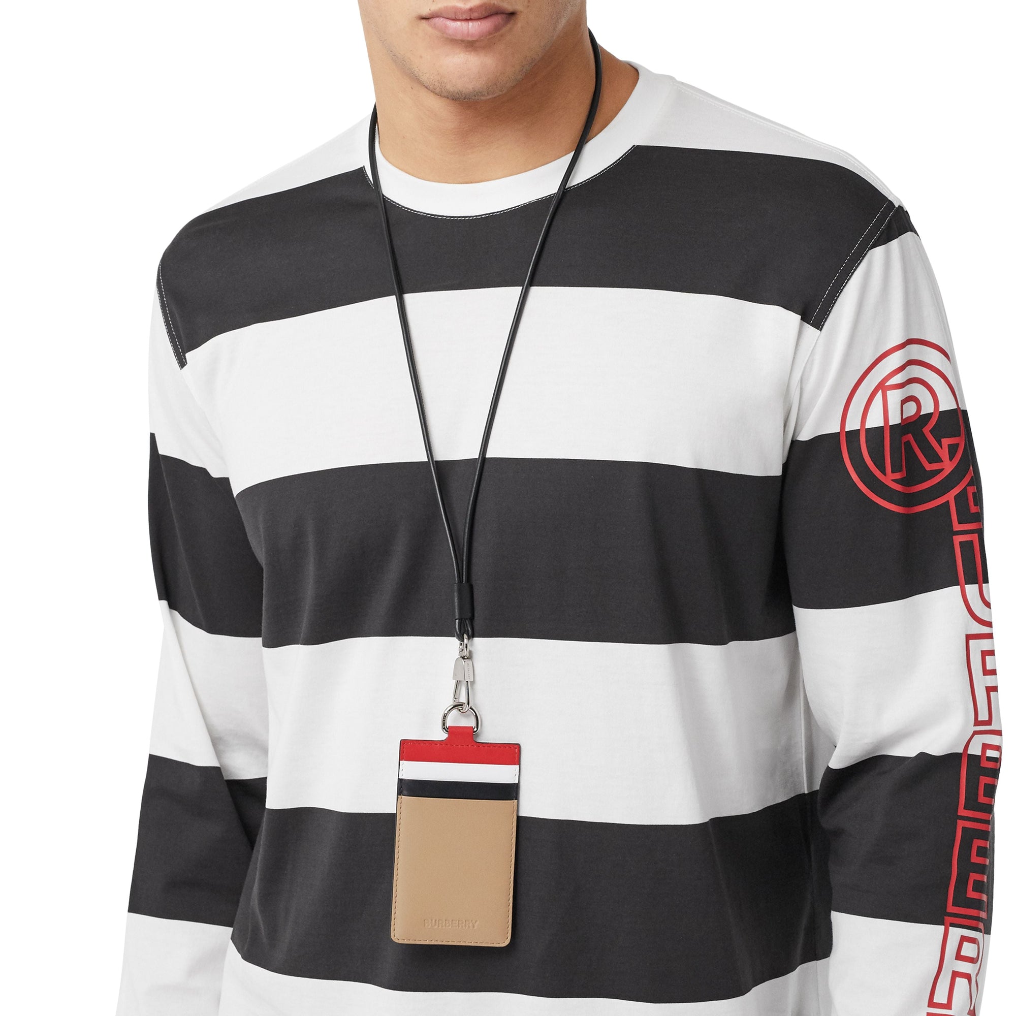 Porte-cartes en cuir color-block avec lanière - Rouge & noir & beige
