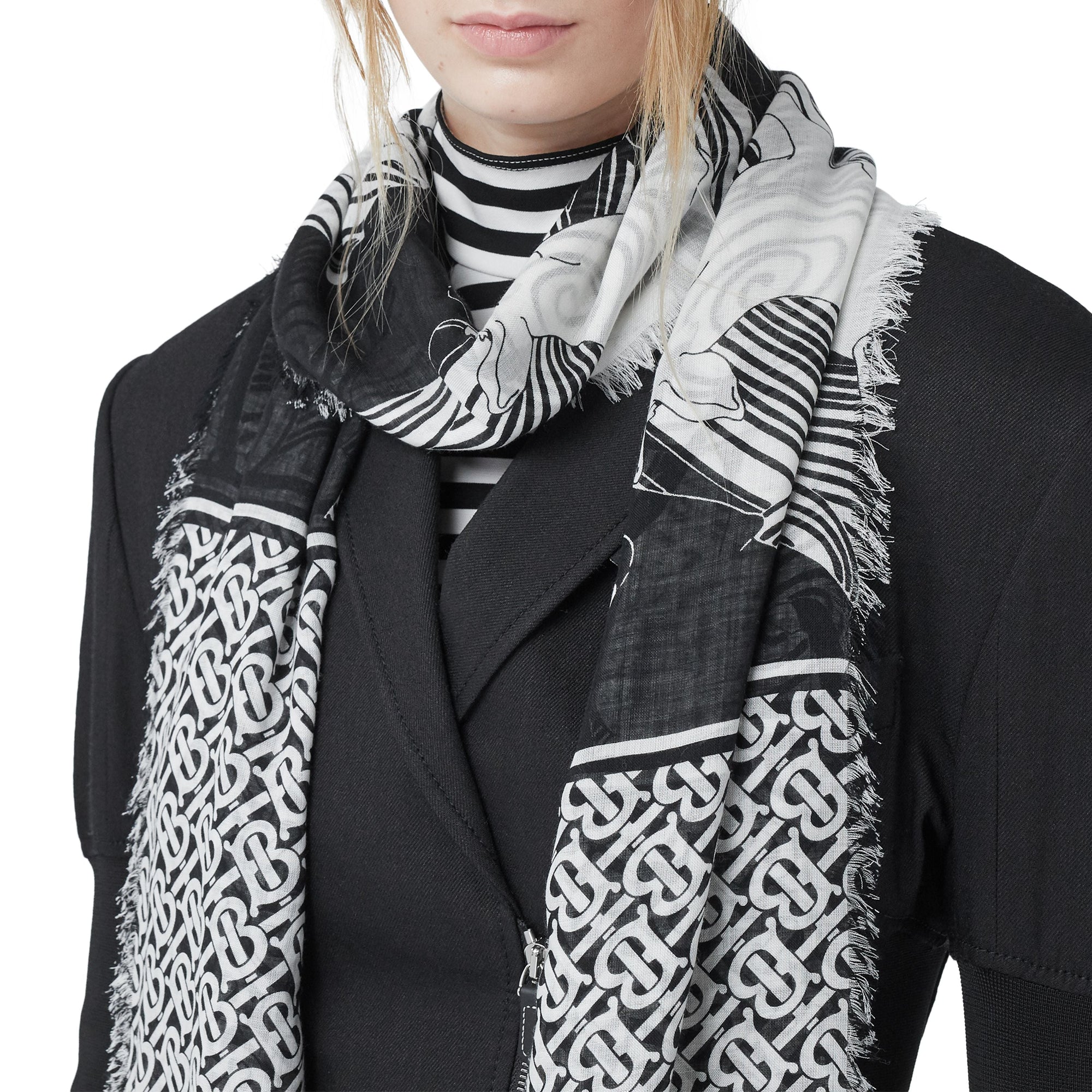 Écharpe en laine et soie à imprimé daim et monogram - Monochrome