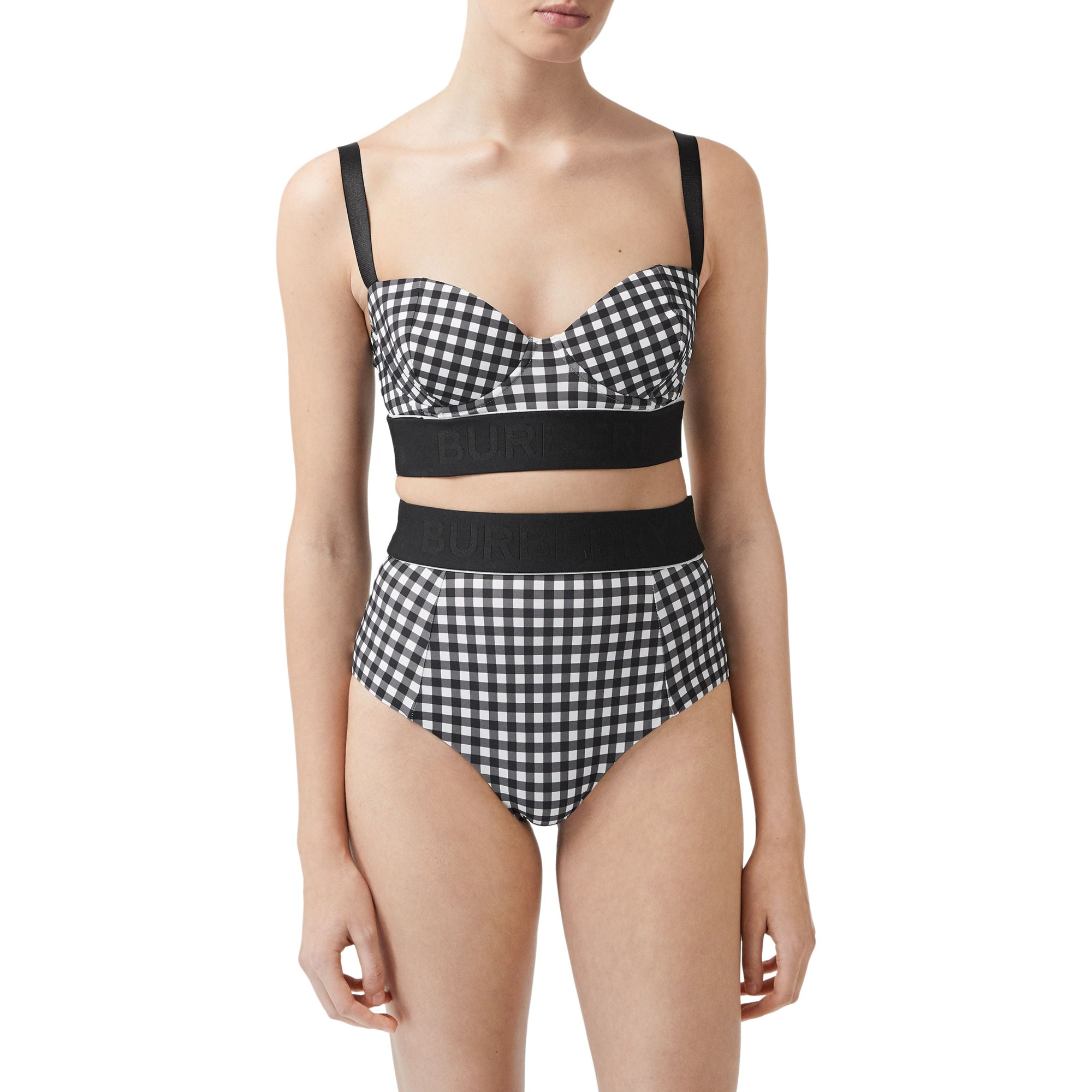 Haut de bikini vichy avec bande à logo - Noir