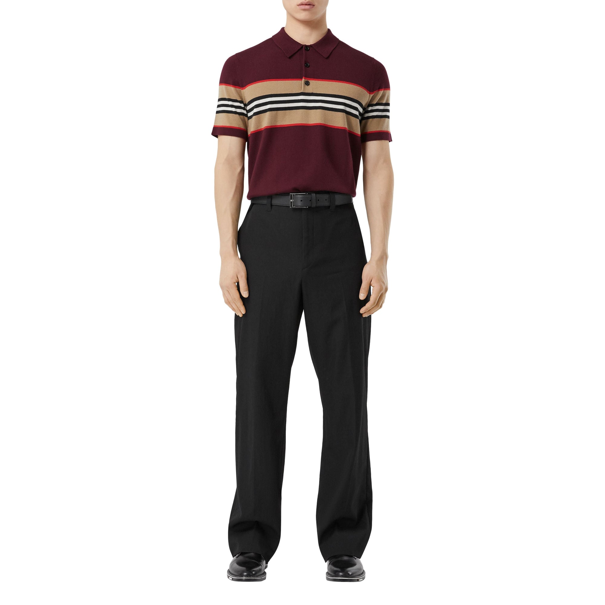 DEEP MERLOT Polo en laine mérinos à rayures iconiques