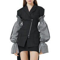 Manches bouffantes en laine technique check - Noir & blanc