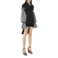 Manches bouffantes en laine technique check - Noir & blanc