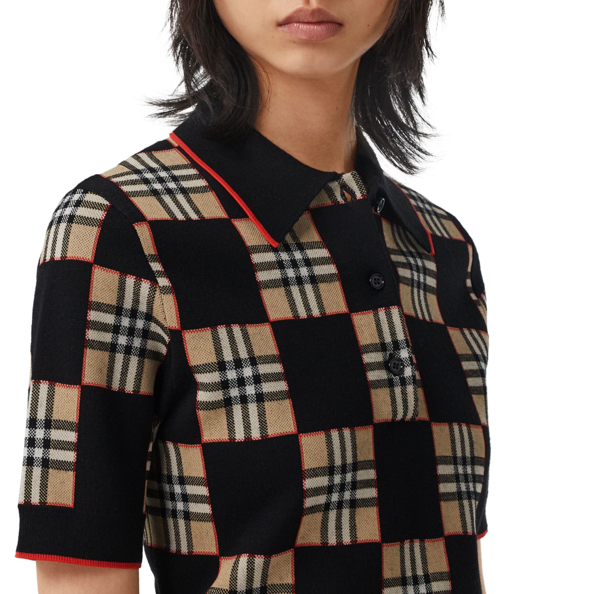 BLACK/ARCHVE BEIGE S Polo en jacquard de laine mérinos mélangée à damier