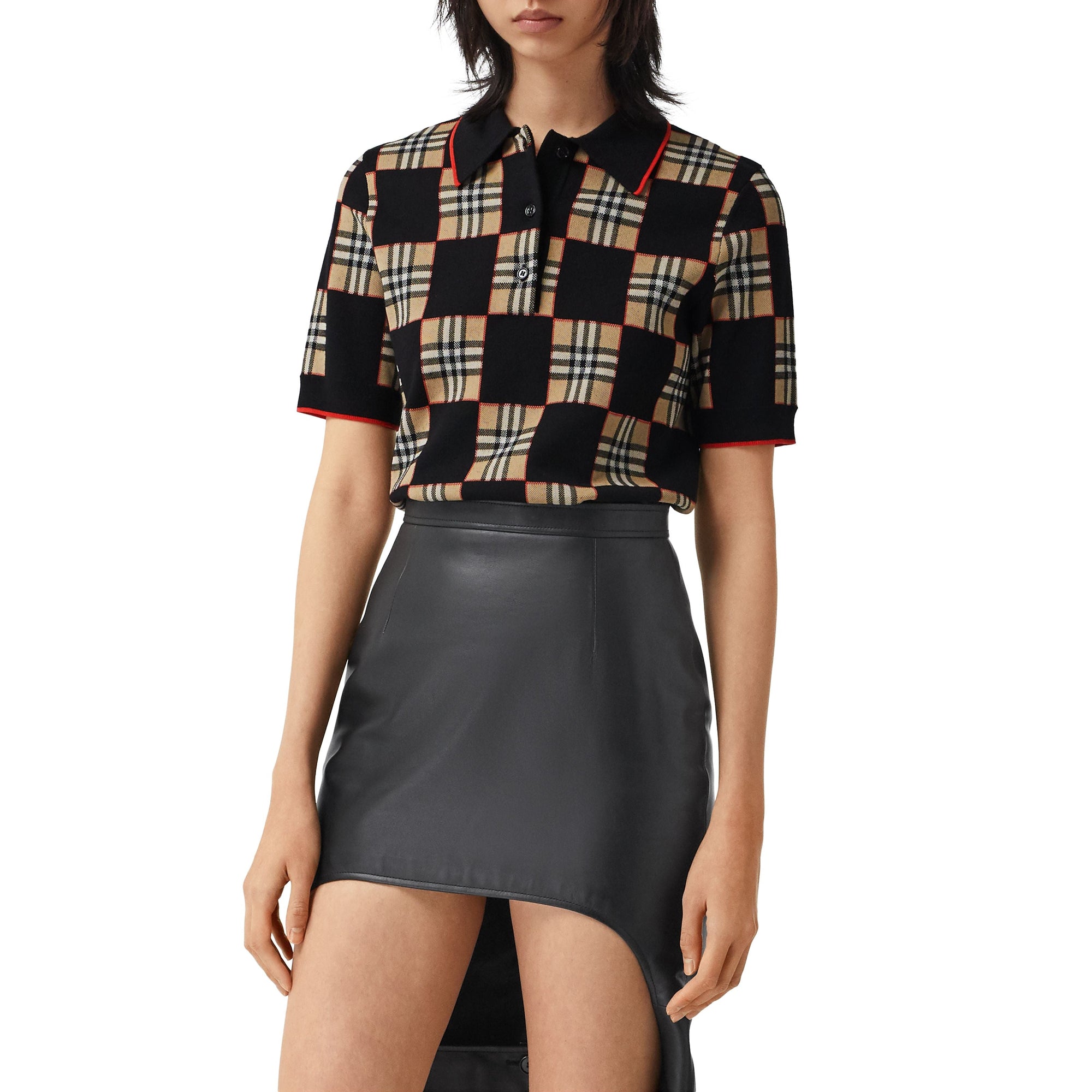 BLACK/ARCHVE BEIGE S Polo en jacquard de laine mérinos mélangée à damier