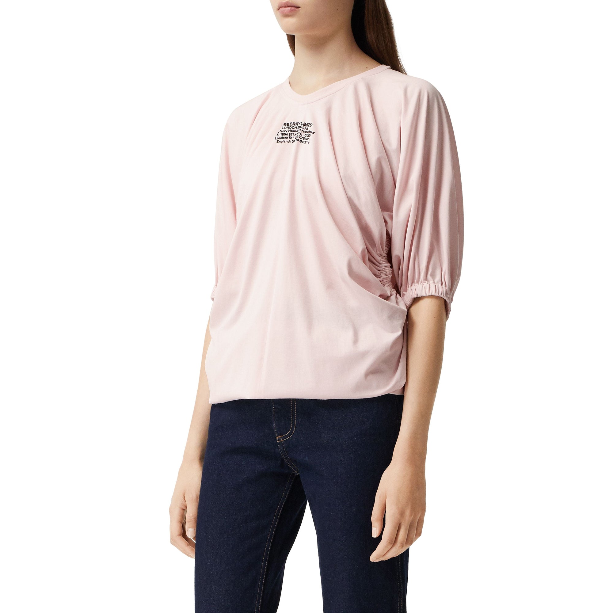 ALABASTER PINK T-shirt oversize froncé en coton avec coordonnées géographiques