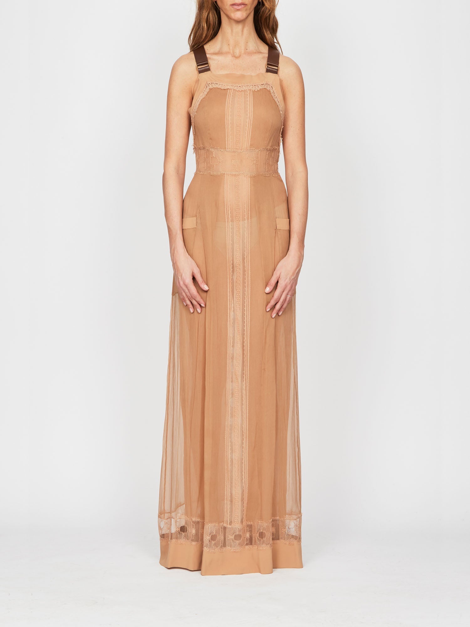 Robe longue A.Ferretti effet tablier en soie  - Beige