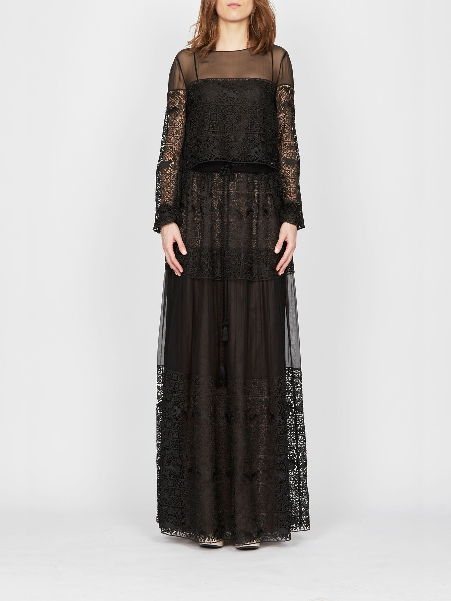 Robe longue A.Ferretti empiècement en macramé - Noir