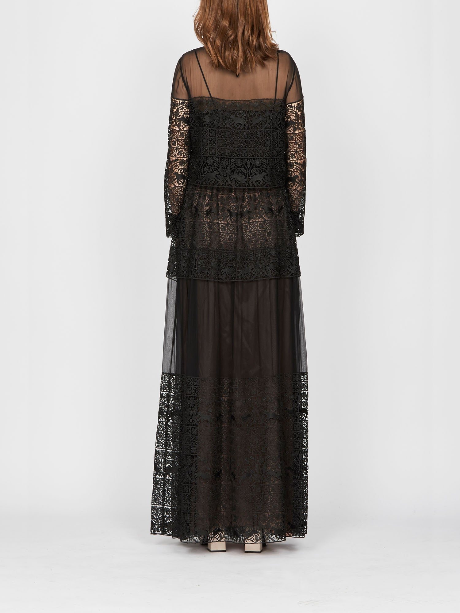 Robe longue A.Ferretti empiècement en macramé - Noir