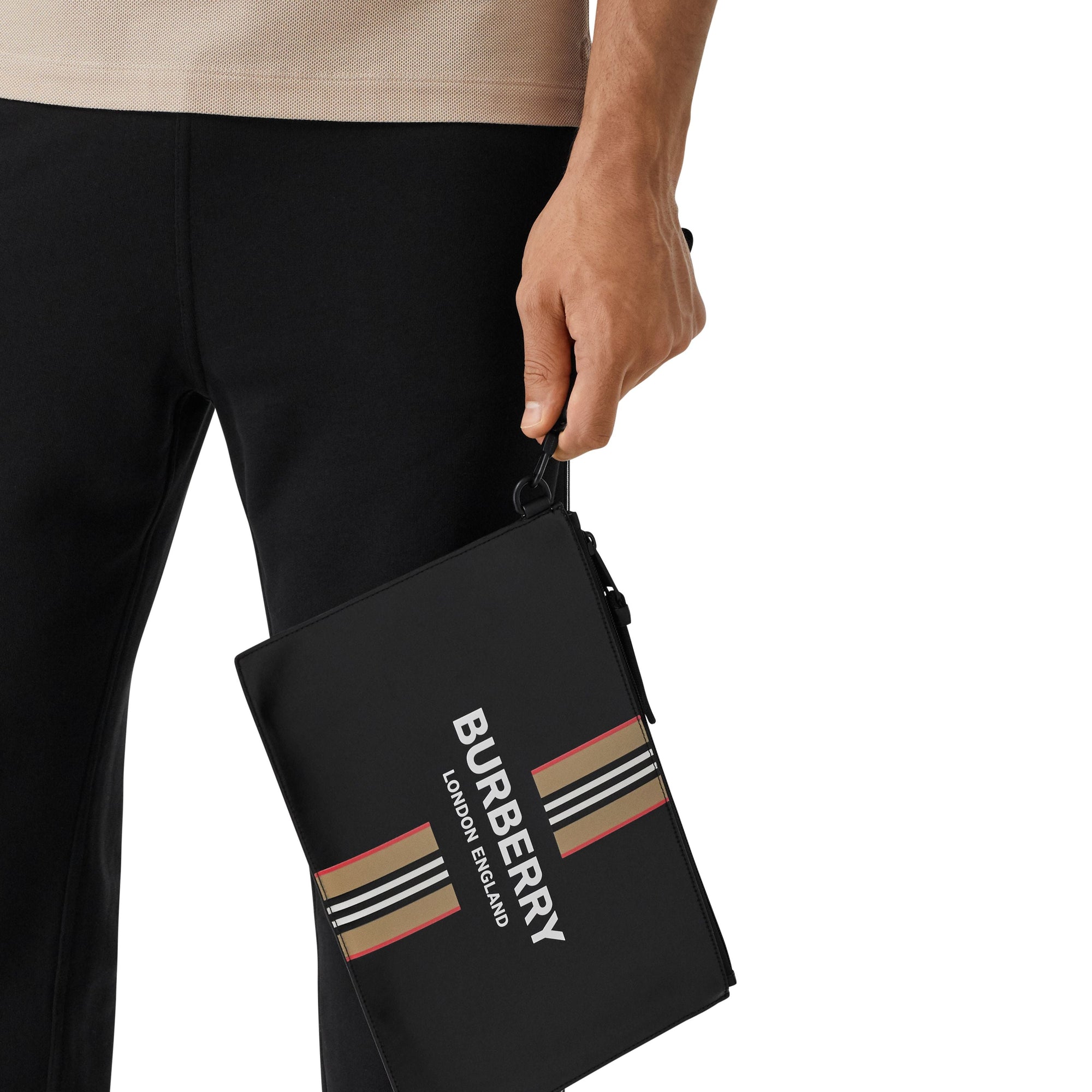 BLACK Pochette zippée en toile enduite avec logo et rayures iconiques