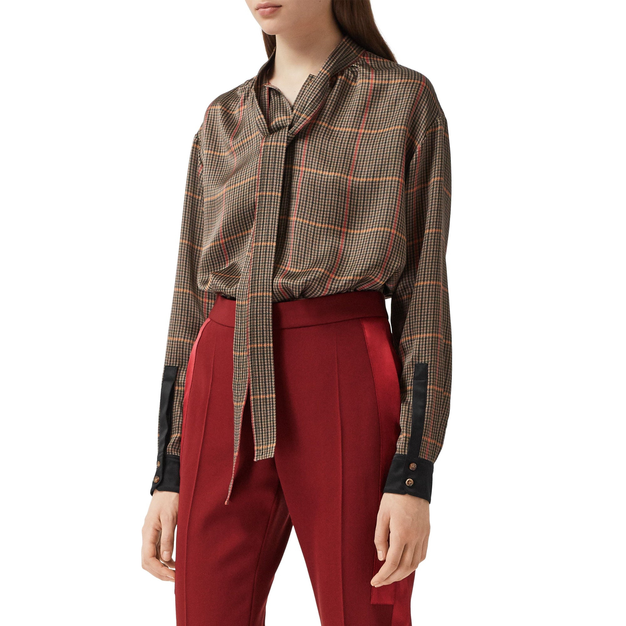 DARK CARMINE Pantalon tailleur en laine avec bandes en satin de soie