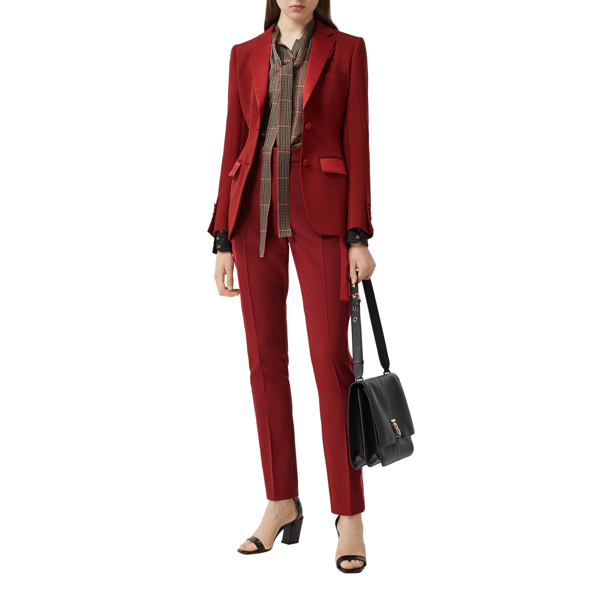 DARK CARMINE Pantalon tailleur en laine avec bandes en satin de soie