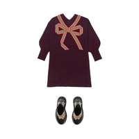 BURGUNDY Robe pull en laine et soie avec nœud à rayures iconiques