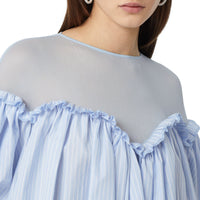 PALE BLUE STRIPE Chemisier rayé à manches bouffantes en coton et jersey