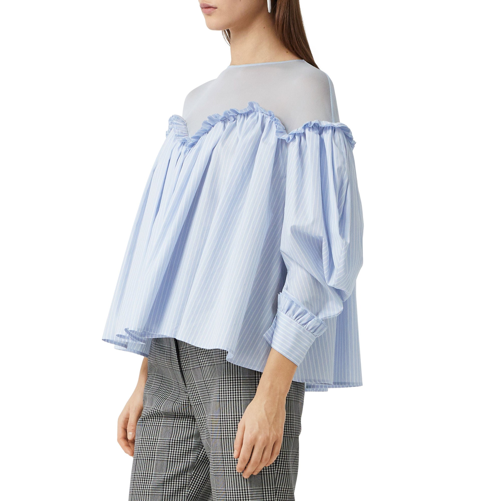 PALE BLUE STRIPE Chemisier rayé à manches bouffantes en coton et jersey